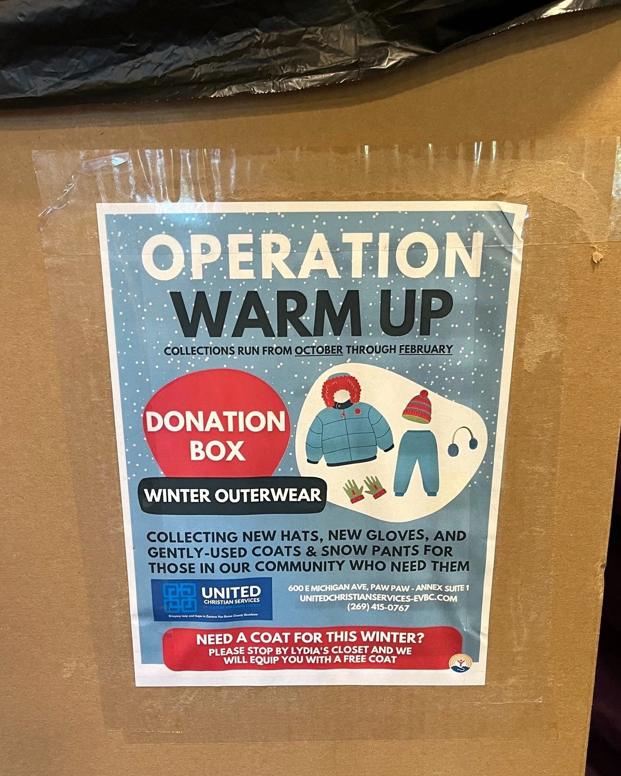 We are happy to host a donation box for Operation Warm Up for Lydia's Clothing Closet - a service of United Christian Services, VBC! Drop of gently used coats and snow pants, and/or new winter hats/gloves for those in our community who need them ☺️❤️