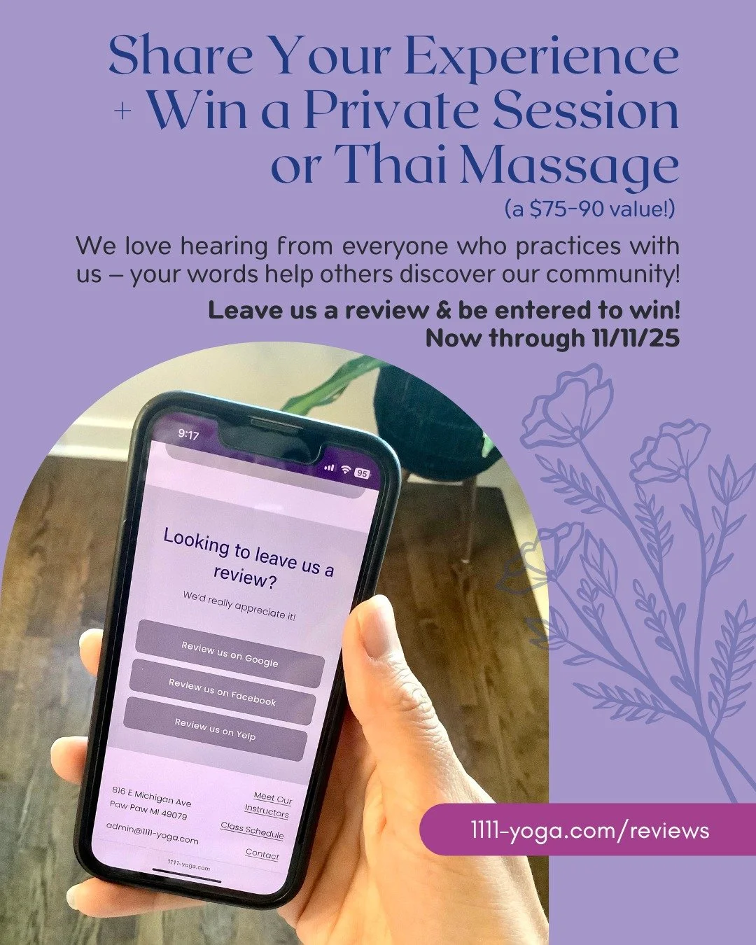 Share Your Experience + Win a Private Session or Thai Massage
We love hearing from everyone who practices with us — your words help others discover our community!
Now until November 11th, anyone who attends a class (or has attended a class in