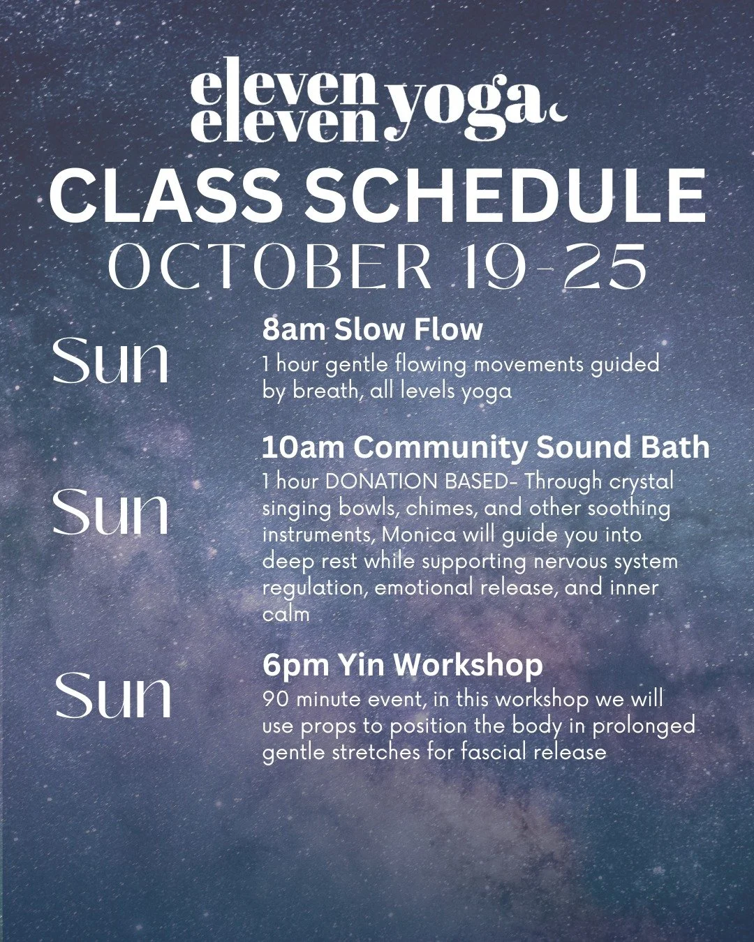 Studio Schedule for Sunday October 19th- Saturday October 25th!
We have some special events this week you won't want to miss, including a donation based sound bath, Yin workshop and Harry Potter Yoga!
We have private session & Thai massage appoi
