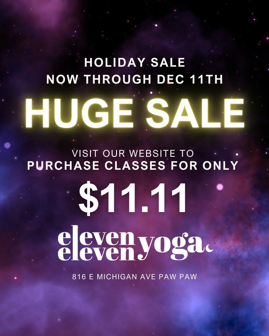 Small Business Saturday Sale ✨
Give the gift of yoga &mdash; to yourself or someone you love.
From Nov 29&ndash;Dec 11, Drop-In class passes are just $11.11 each.

A little reminder that taking care of yourself isn&rsquo;t a luxury &mdash; it&rsquo;s