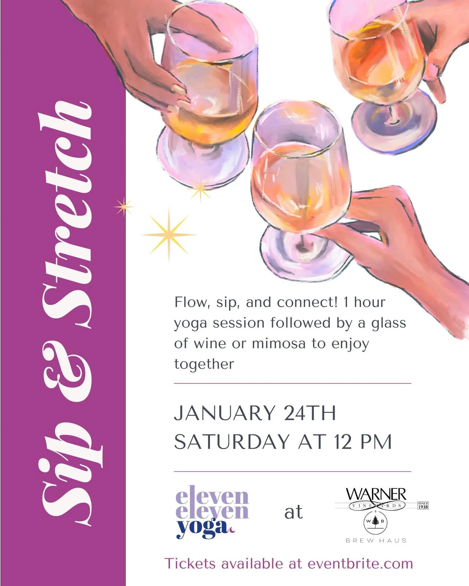 Join Eleven Eleven Yoga for a relaxing and uplifting experience at Warner Vineyards! 
Saturday January 24th at noon.

This all-levels yoga class is designed for everyone, whether you&rsquo;re a beginner or an experienced yogi. You&rsquo;ll be guided 