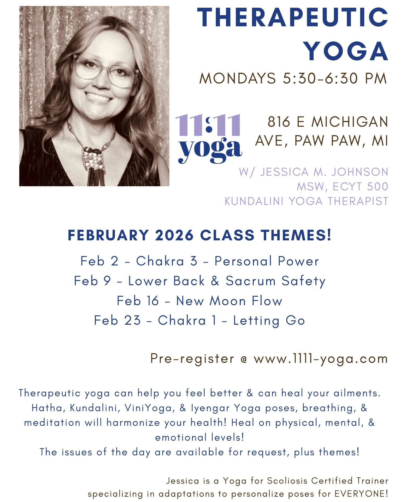 New month, new themes for Therapeutic Yoga!
Mondays 5:30-6:30pm Therapeutic Yoga helps alleviate discomfort, manage stress, and improve overall well-being. Jessica is incorporating a different theme each week in February, we are so excited to check t