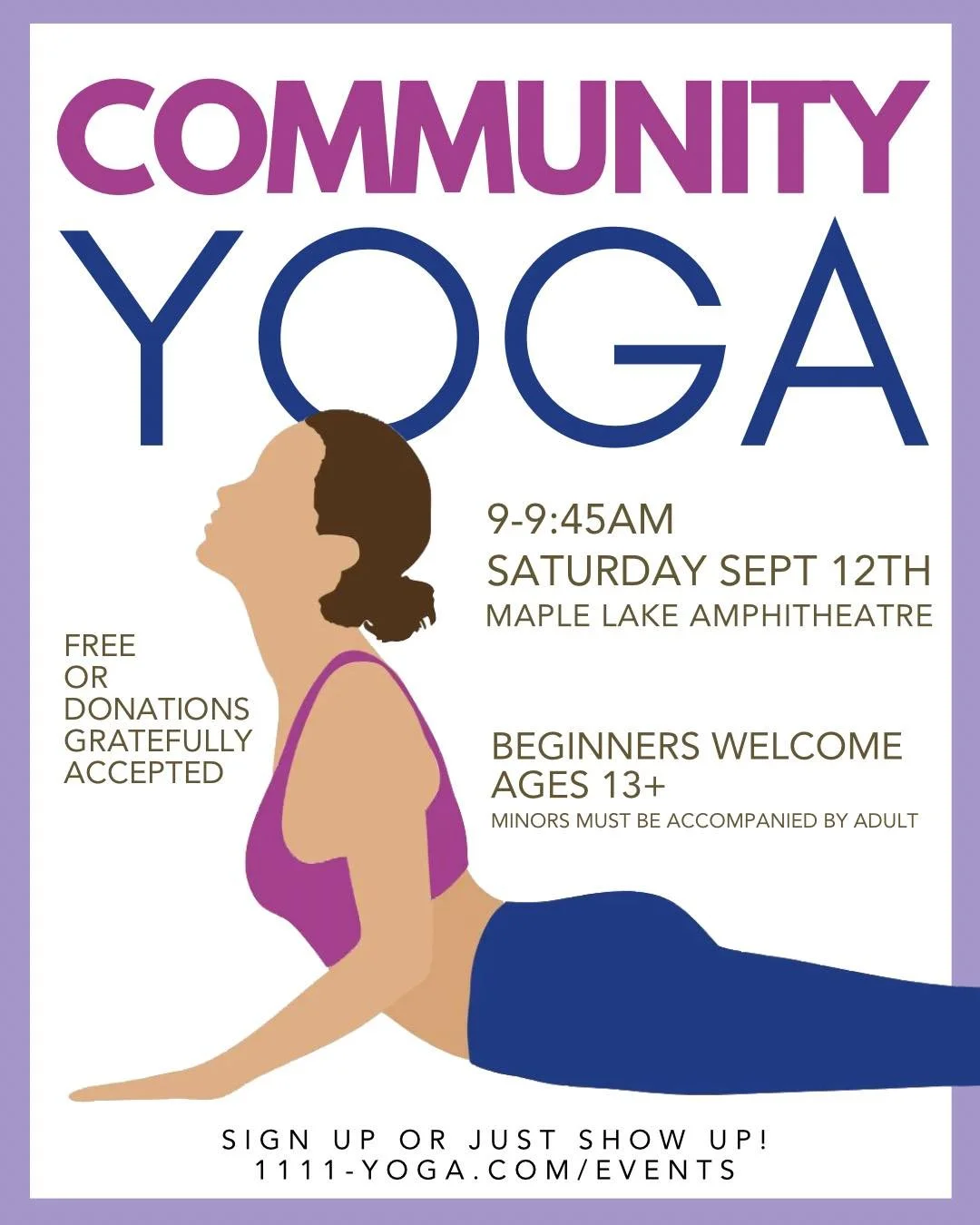 Join Ashley for a 45 minute Donation Based Community yoga session at Maple Lake Amphitheatre for Wine &amp; Harvest Fest!

Never tried yoga before? This is a great place to start! Come as you are, bring a friend, and enjoy an easygoing practice outdo