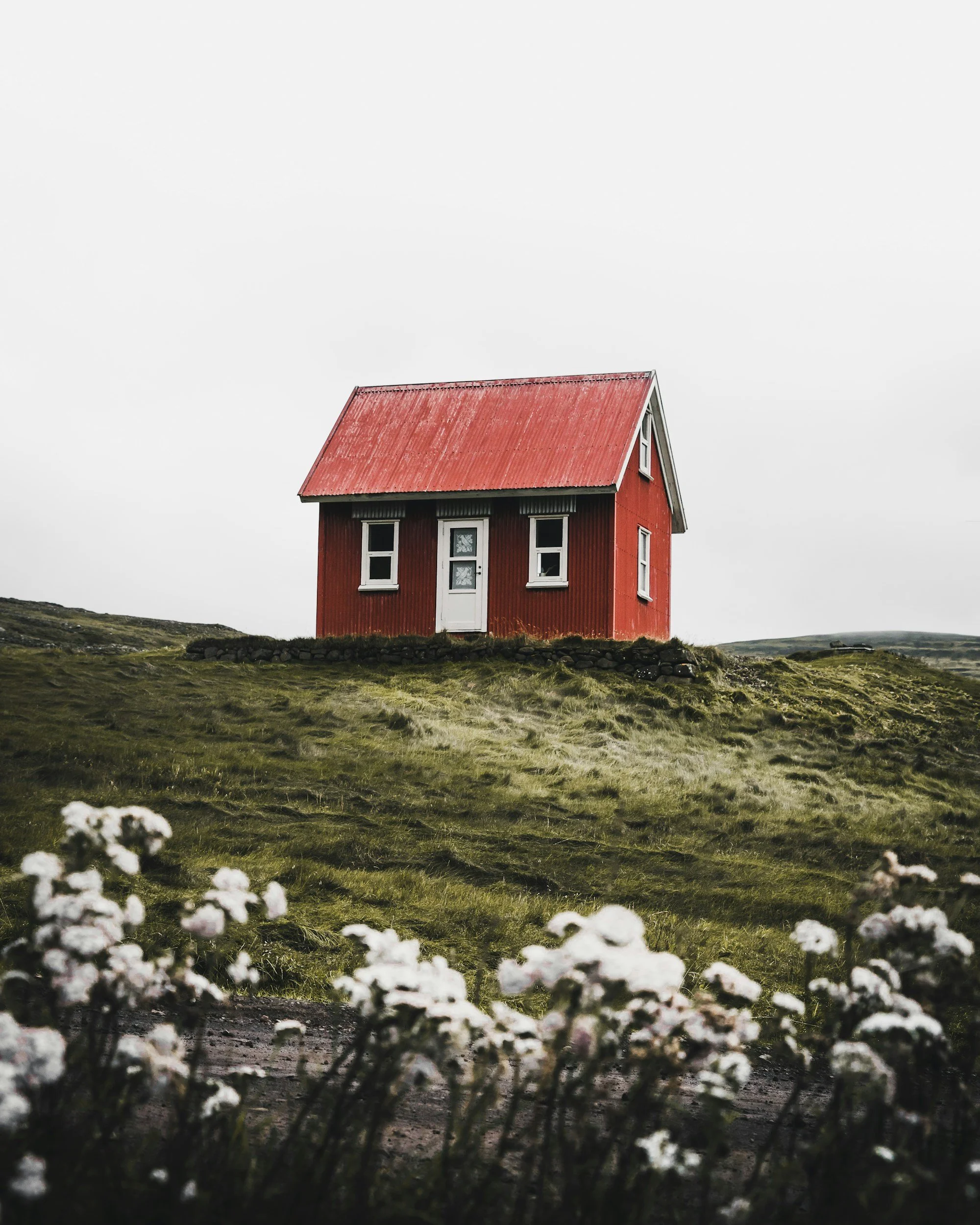 A small red house with a white door and windows, situated on a grassy hill. The foreground features white flowers, and the sky is overcast.