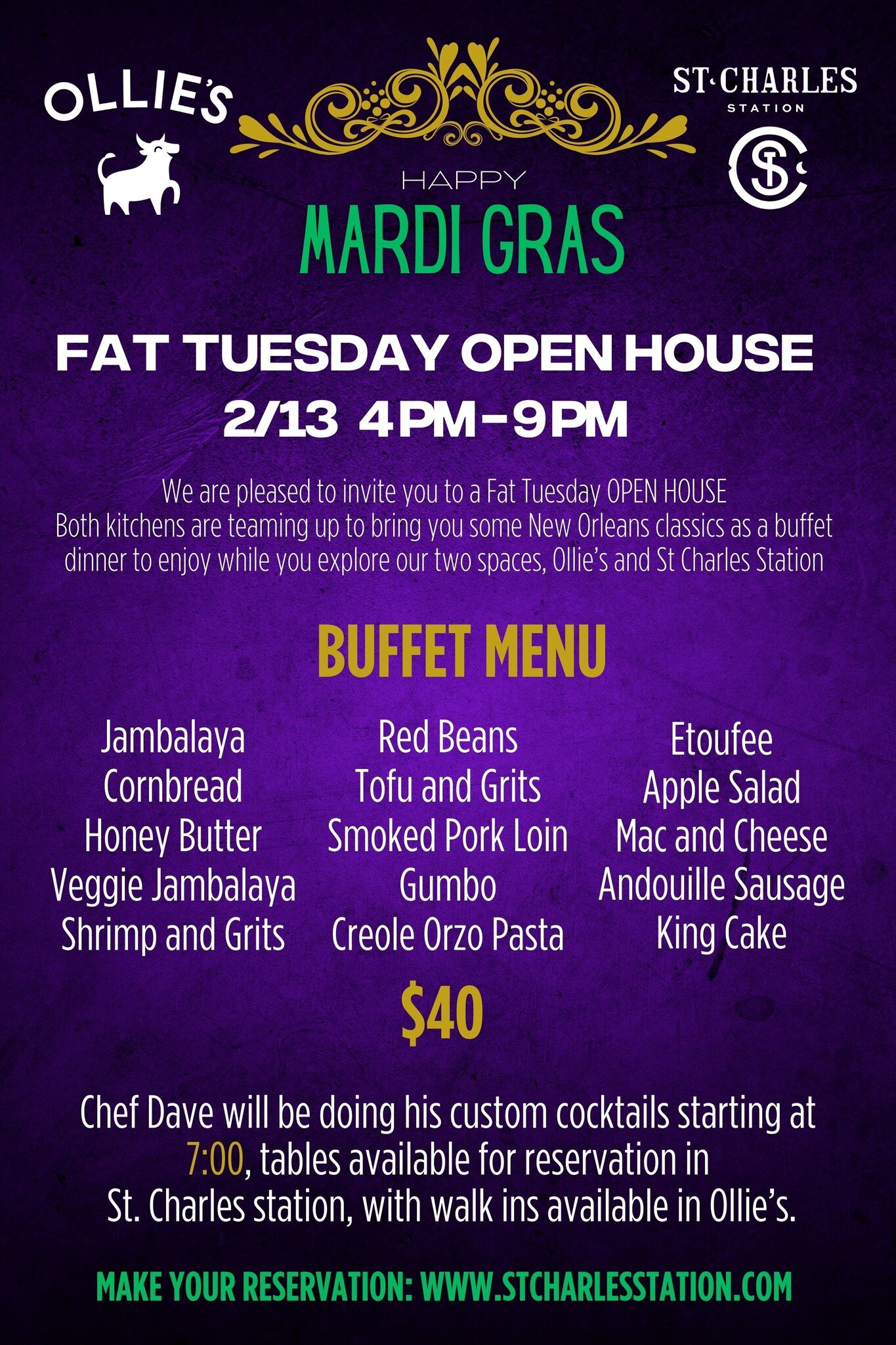 Happy Fat Tuesday! 
Tonights the night! 
Come on in for a delicious meal celebrating some New Orleans classics.
Make a reservation at stcharlesstation.com or just come on in to Ollie's.