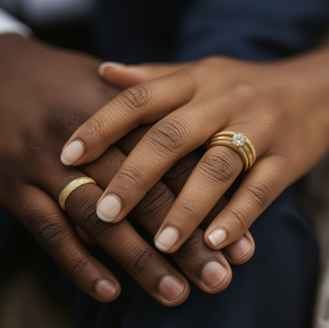 Two hands of a bride and groom on wedding day showing their bands.