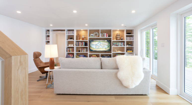   A warm white works well in this expansive space lending a surprisingly warm tone and when paired with sheep skin throws can cozy up any cottage living room in a pinch.  