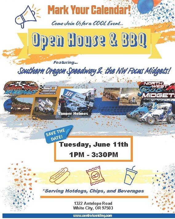 Join us for a COOL event at Central Welding Supply's Open House &amp; BBQ in Medford, OR! Enjoy Southern Oregon Speedway and the NW Focus Midgets, featuring Tanner Holmes!

📅 Date: Tuesday, June 11th
🕒 Time: 1 PM - 3:30 PM
📍 Location: 1322 Antelop