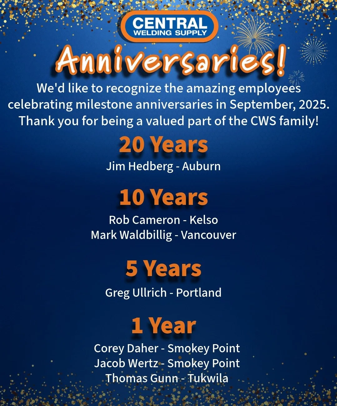 Celebrating Milestone Anniversaries 🎉💙🧡
 
This September, we&rsquo;re excited to shine a spotlight on some of our incredible team members for their outstanding dedication and hard work at Central Welding Supply. Your commitment drives our success,