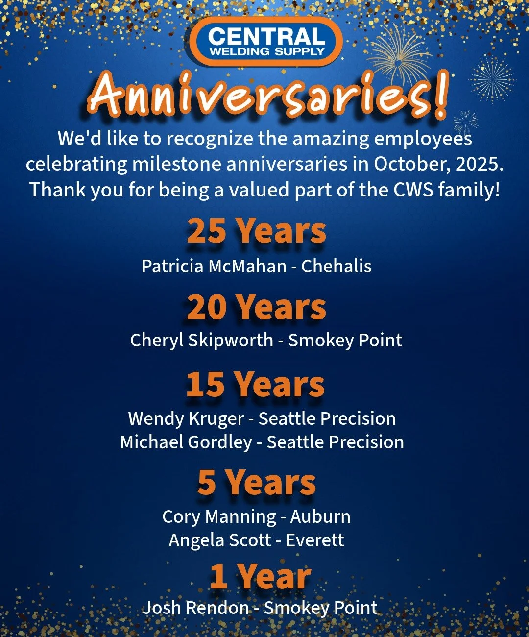 Celebrating Milestone Anniversaries 🎉

This October, we&rsquo;re excited to shine a spotlight on some of our incredible team members for their outstanding dedication and hard work at Central Welding Supply. Your commitment drives our success, and we