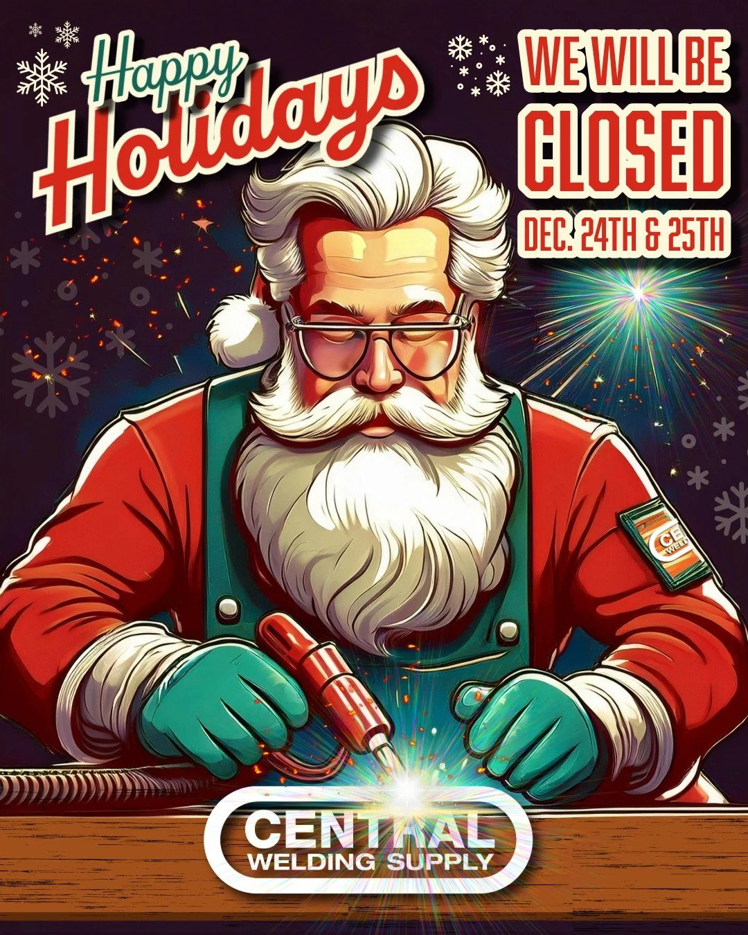 We Will Be CLOSED December 24th &amp; 25th
🎅🎄✨

During this holiday season, we want to extend our warmest wishes to you and your family. May your days be merry and bright... 

-Your friends at Central Welding Supply 💙🧡

#centralweldingsupply #hap