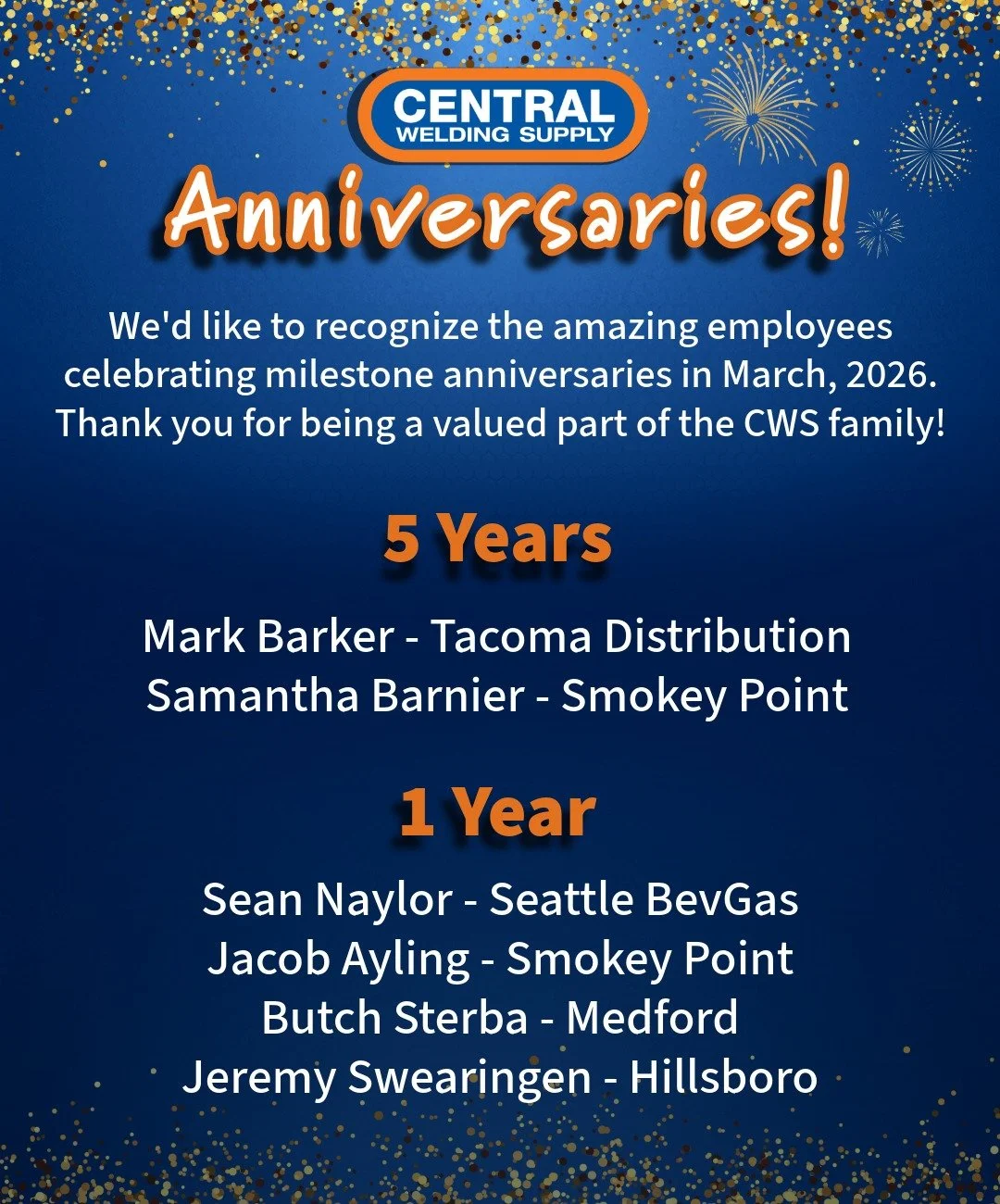 Celebrating Milestone Anniversaries 🎉

This March, we&rsquo;re excited to shine a spotlight on some of our incredible team members for their outstanding dedication and hard work at Central Welding Supply. Your commitment drives our success, and we&r