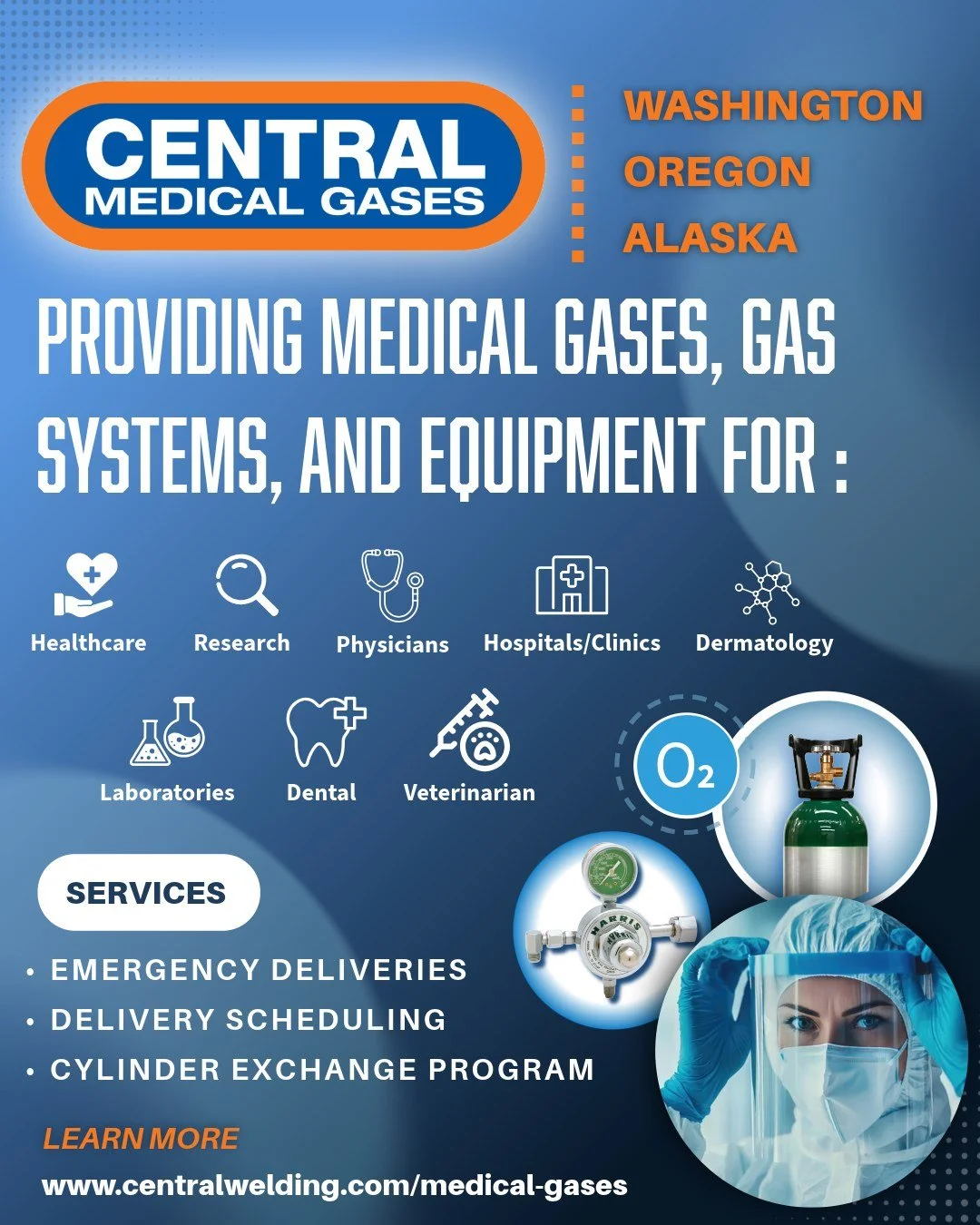 DID YOU KNOW?👩&zwj;🔬🔬🫧

At Central Welding Supply, we provide medical gases, gas systems, and equipment for: Healthcare, Clinics, Research, Laboratories, Physicians, Dermatology, Dental, and Veterinary Practices.

Our Medical Gases Division is th