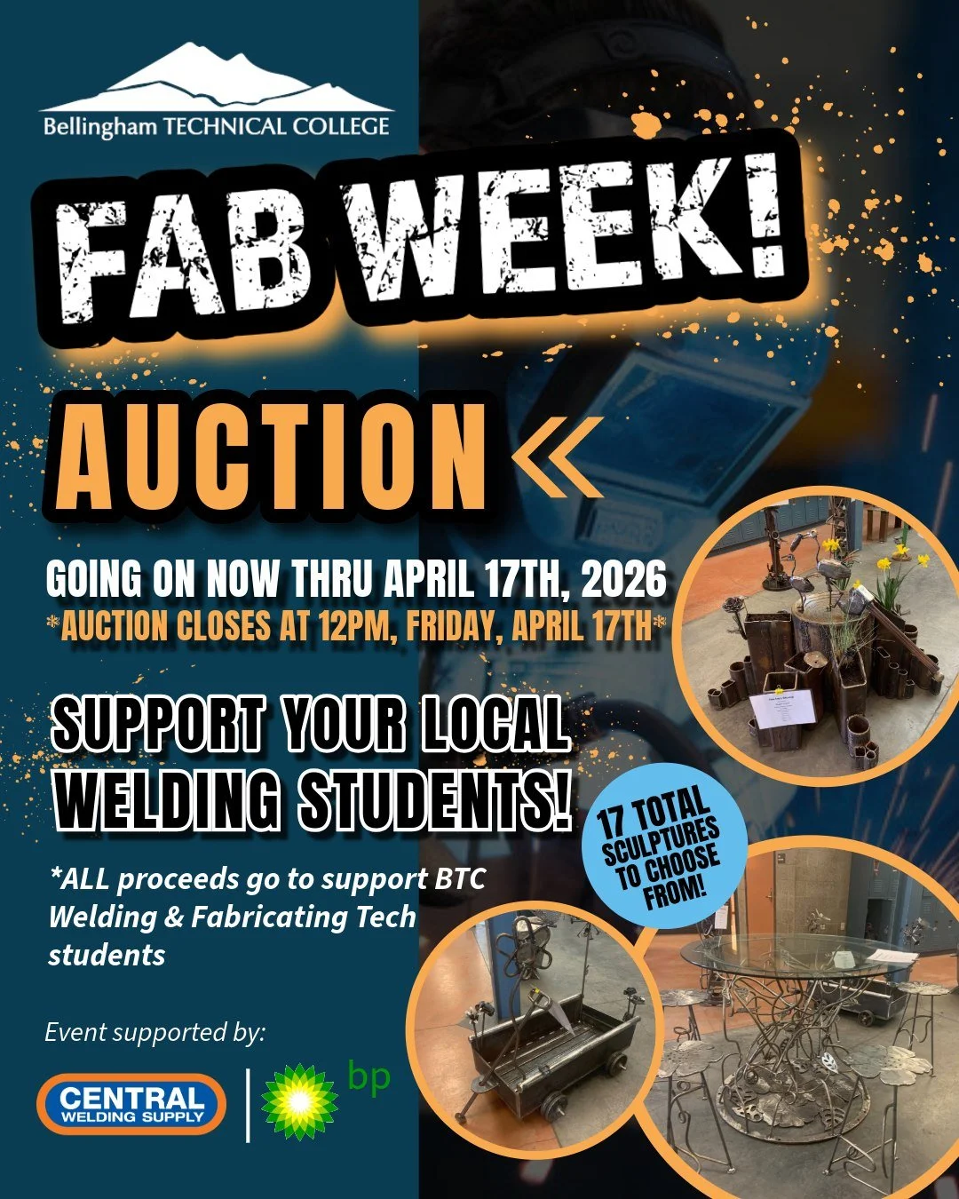 Check out the Fab Week AUCTION!💥😎📚

Happening NOW through April 17th - help support your local welding students through Bellingham Technical College!

Come check out some unique, one-of-a-kind creations by none other than the BTC's welding student
