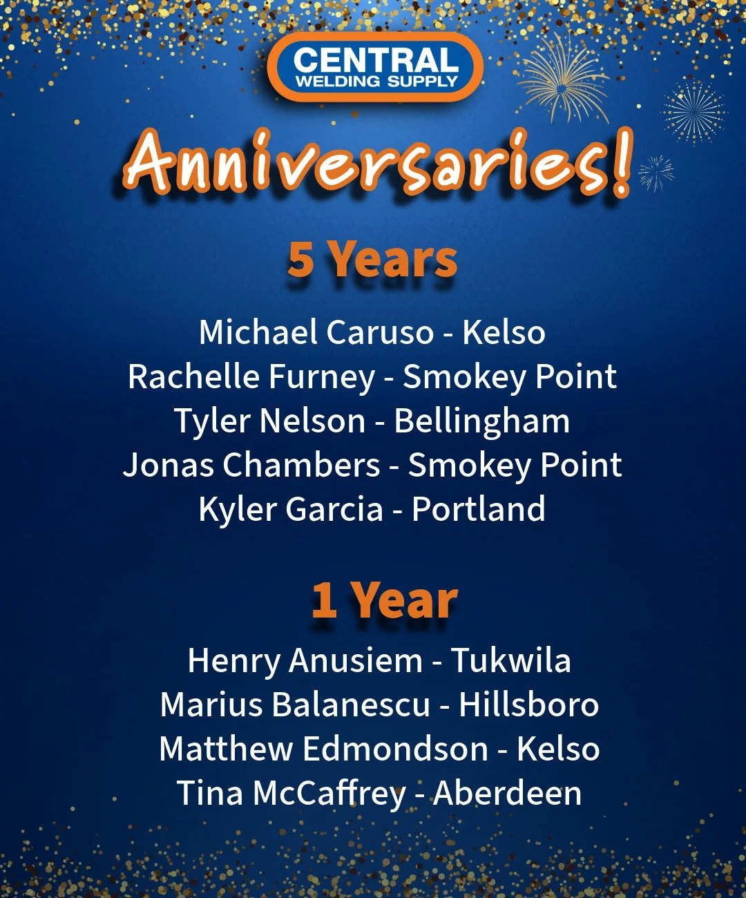 Celebrating Milestone Anniversaries 🎉

This April, we&rsquo;re excited to shine a spotlight on some of our incredible team members for their outstanding dedication and hard work at Central Welding Supply. Your commitment drives our success, and we&r