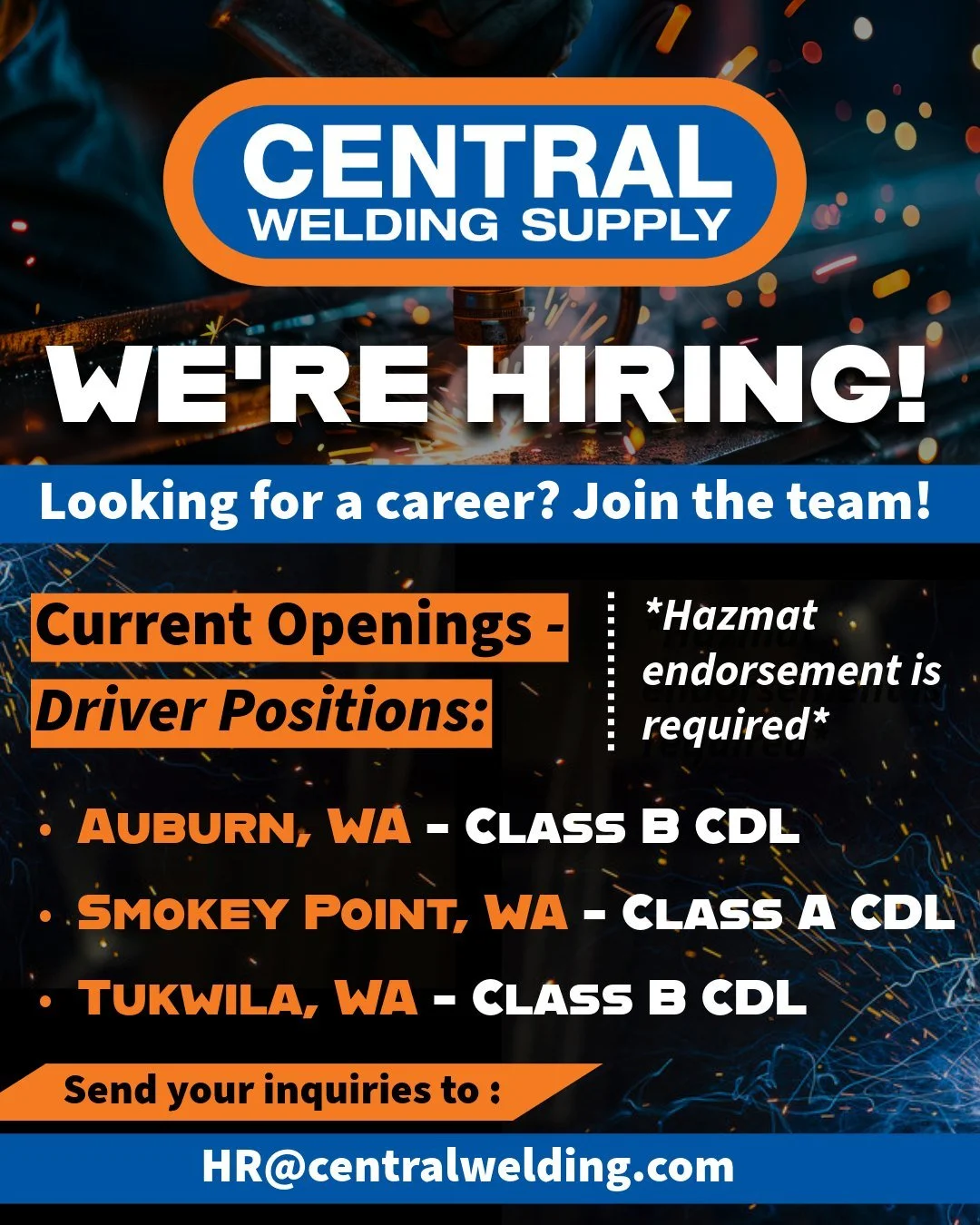 📣 We&rsquo;re Hiring!📣
 
Looking for a career? Join the team!💙🧡
 
We&rsquo;re seeking CDL Drivers for a few of our locations:
 
📌 AUBURN, WA &ndash; Class B CDL
📌 SMOKEY POINT, WA &ndash; Class A CDL
📌 TUKWILA, WA &ndash; Class B CDL
✅ *Hazmat