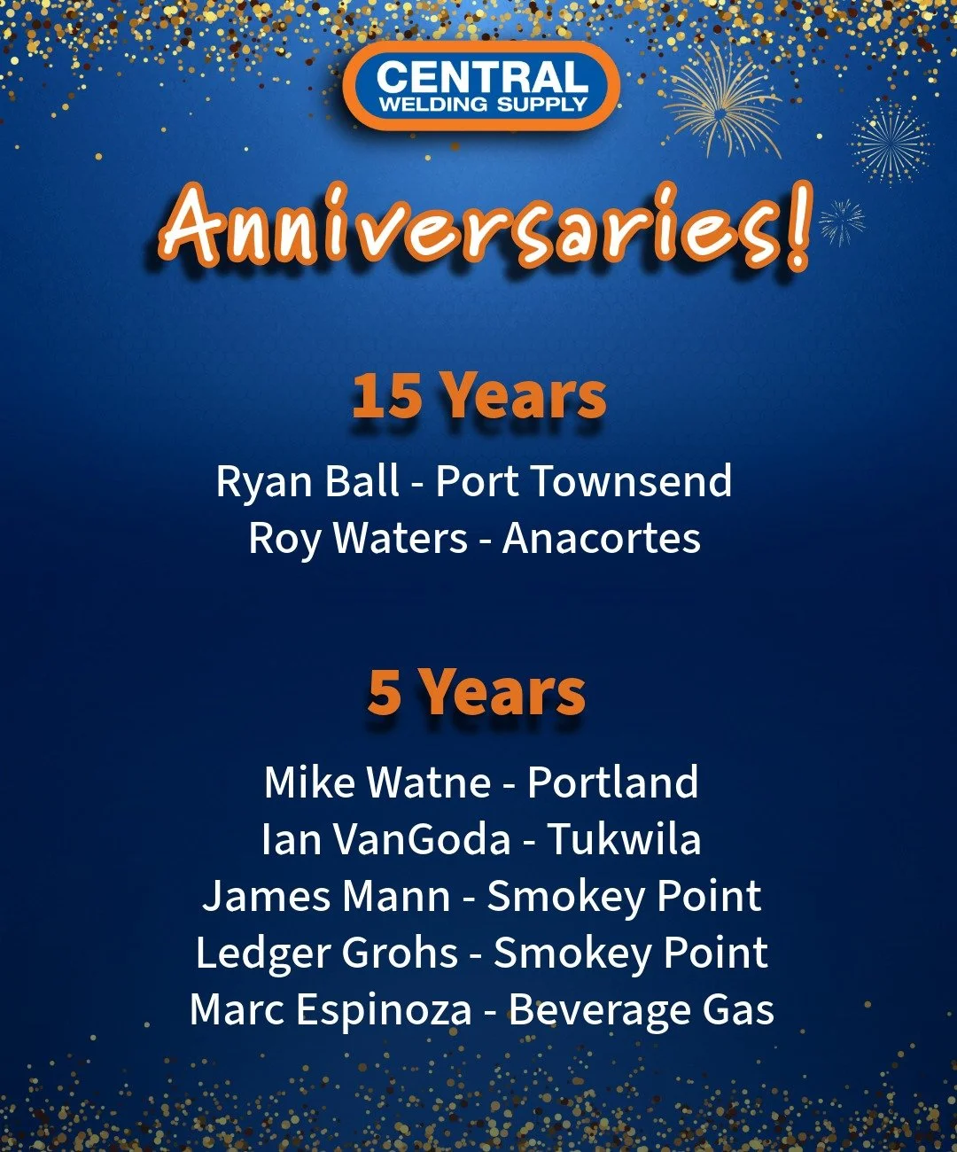 Celebrating Milestone Anniversaries 🎉

This May, we&rsquo;re excited to shine a spotlight on some of our incredible team members for their outstanding dedication and hard work at Central Welding Supply. Your commitment drives our success, and we&rsq