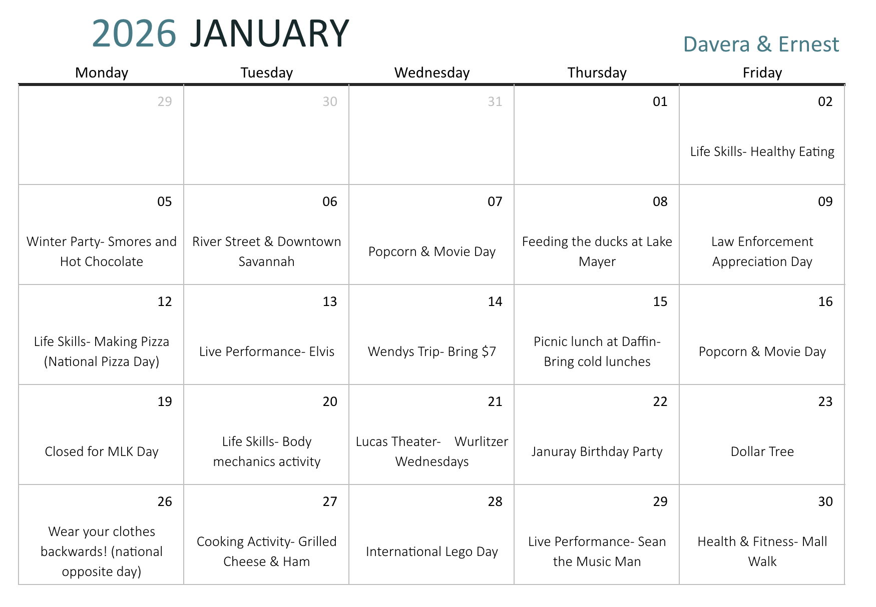 Monthly Calendars