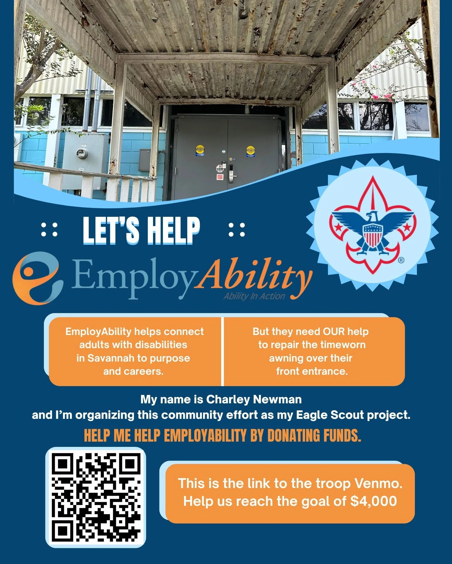 We are so excited and honored to share that CharleyNewman of Troop 1 has chosen EmployAbility for his Eagle Scout Project! 🦅. 

Charley is raising funds to help us replace the awning outside our front door, creating a more welcoming space for everyo