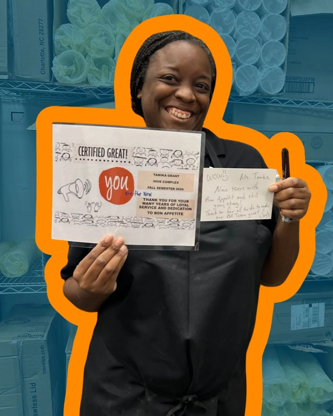 Congratulations, Tamika, on 9 years at Bon App&eacute;tit, the Caf&eacute; at SCAD! 🎉

Tamika&rsquo;s nine years of dedication, hard work, and teamwork are worth celebrating. She&rsquo;s a valued part of the Bon App&eacute;tit team, and we&rsquo;re 