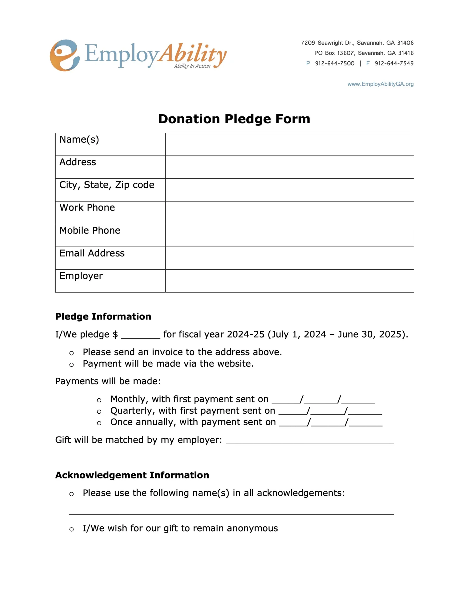 Board Pledge Form — EmployAbility GA