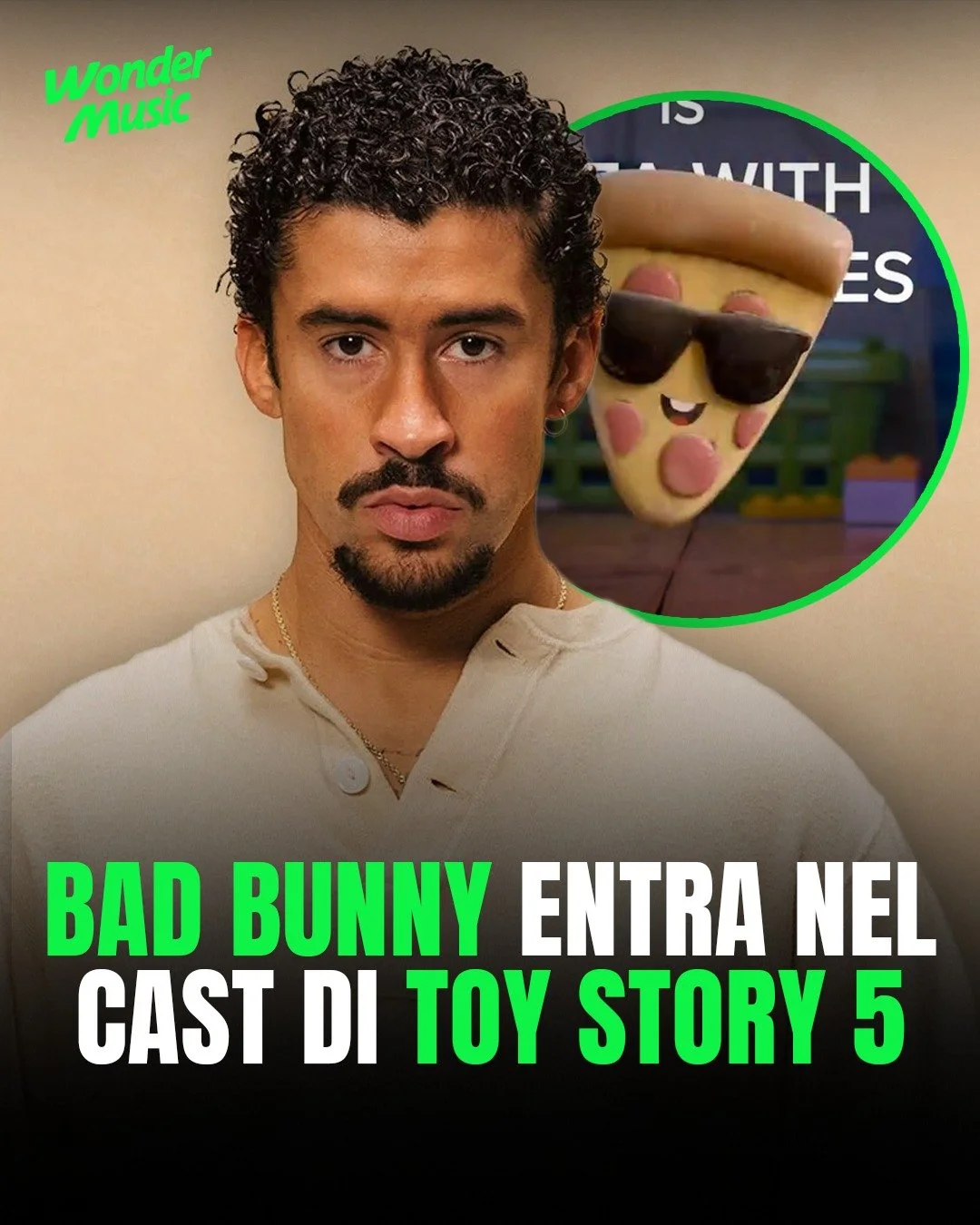Il crossover che non sapevamo di volere: @badbunnypr entra a far parte del cast vocale dell'attesissimo Toy Story 5!

Benito prester&agrave; la sua voce a un nuovo, iconico personaggio: una fetta di Pizza con gli occhiali da sole. Un ruolo che sembra