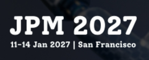 Text graphic displaying 'JPM 2026, 12-15 Jan 2026, San Francisco' with a blue background.