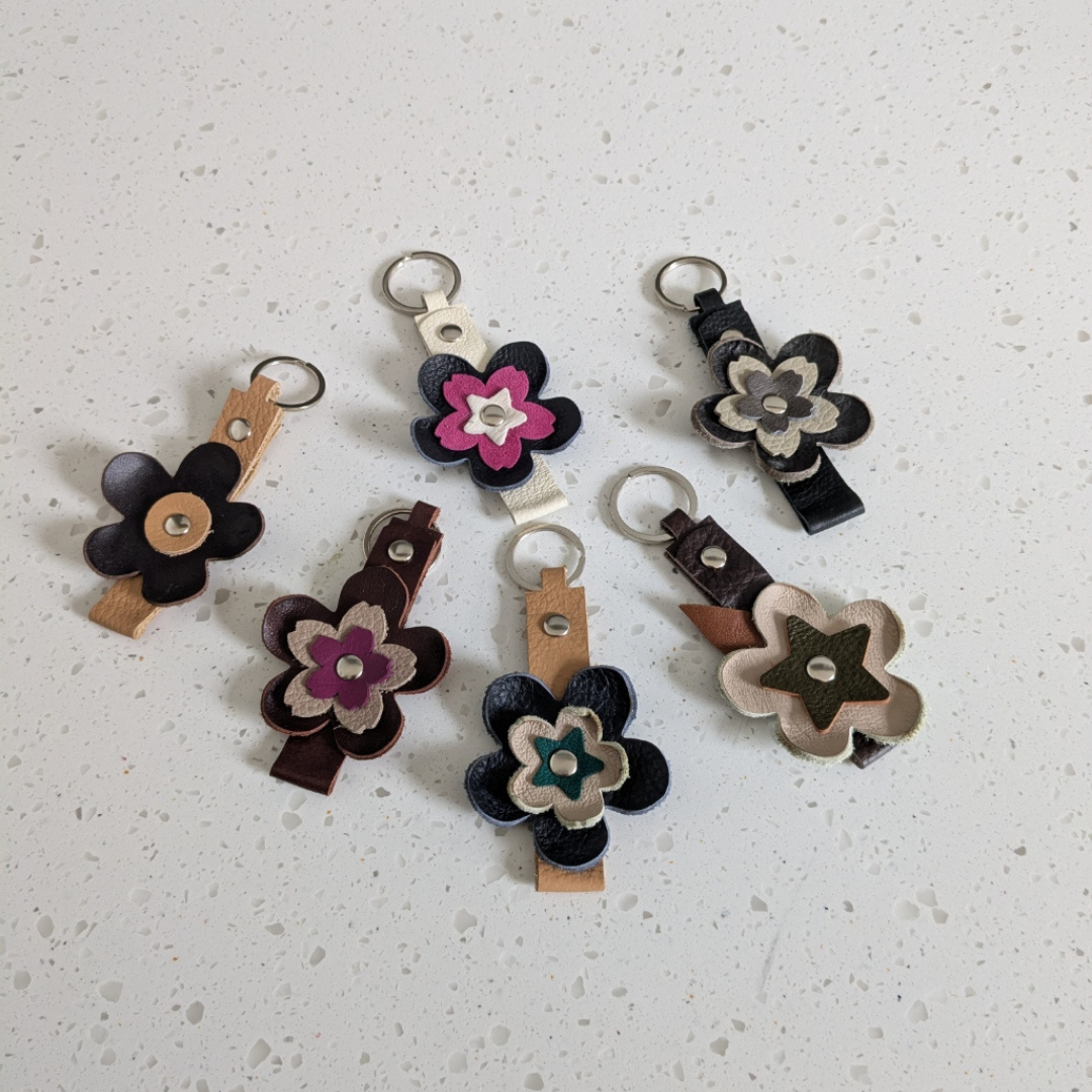 Reclaimed leather keyring - large flower
