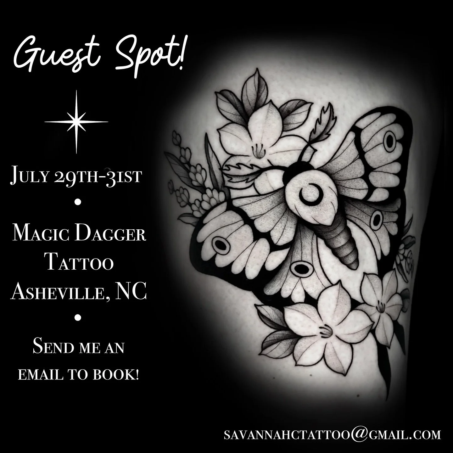 Asheville! I&rsquo;ll be tattooing at @magicdaggertattoo on July 29th-31st. I have a few available designs but I&rsquo;m also booking custom pieces. Send me your ideas!🤍
Savannahctattoo@gmail.com
&bull;

&bull;

&bull;

#tattoo #tattoos #nctattoo #n