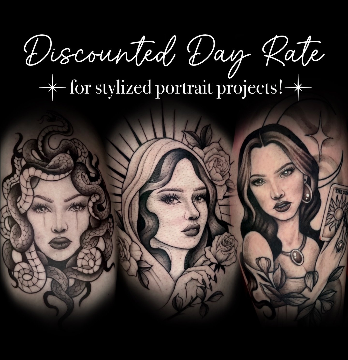 DISCOUNTED DAY RATE! 🤍✨
I want to add more stylized portraits to my portfolio, so I&rsquo;m offering a discounted rate of $600 for a full session - normally $1200! I&rsquo;m open to your ideas, but I also have two pre-drawn designs available.

A few