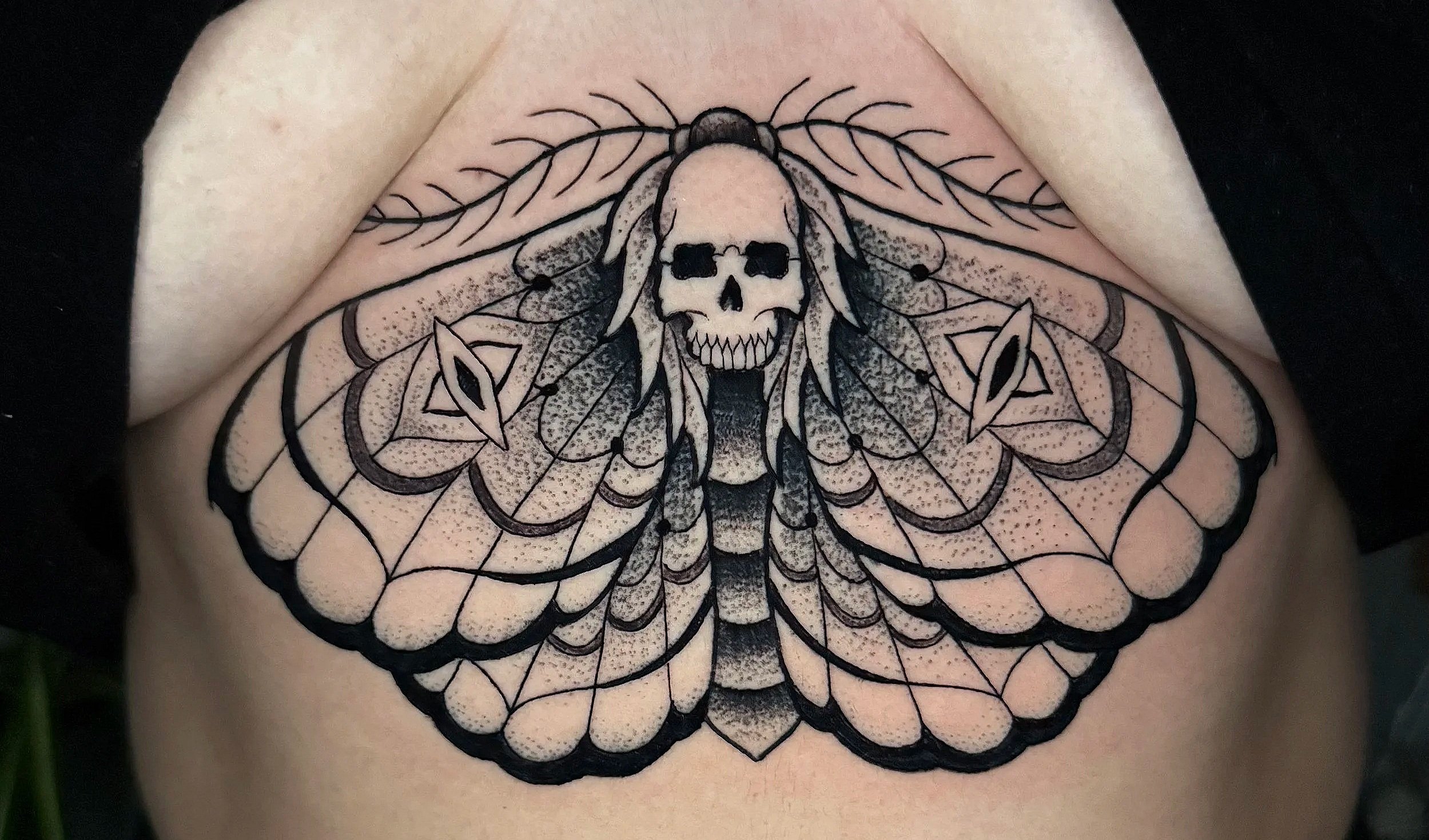 black and grey death moth tattoo