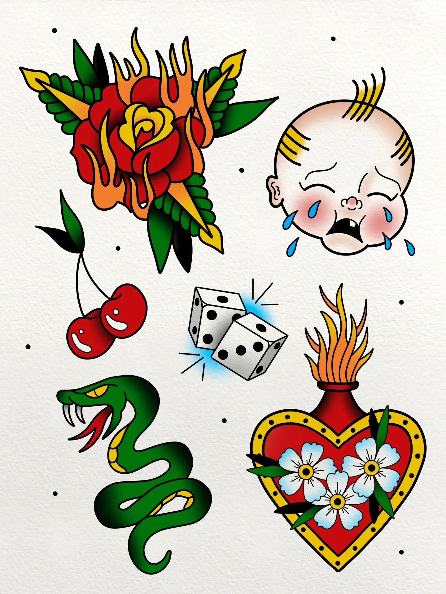 Ringing in the new year with some classic tattoo flash 🌹 Designs are also available in black &amp; grey 🖤🩶 DM if you&rsquo;re interested in grabbing one of these bad boyz

@9lives.tattoo 

#tattooflash #americantraditionaltattoo