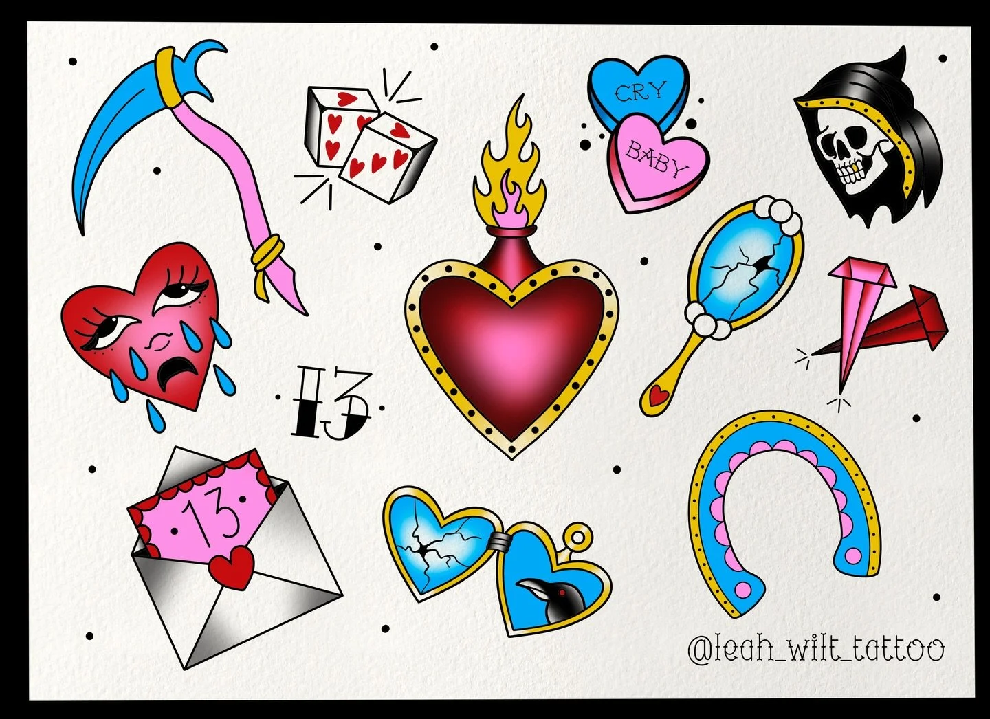 Valentine the 13th flash sheet with available designs for Friday 2/13 💔

💘 About Palm-Sized 
💀 Color or Black &amp; Grey
💘 $80-120
💀 Arms &amp; Legs Only

Message me to claim your spot 🥰

@9lives.tattoo 

#charlottetattooartist #fridaythe13thta