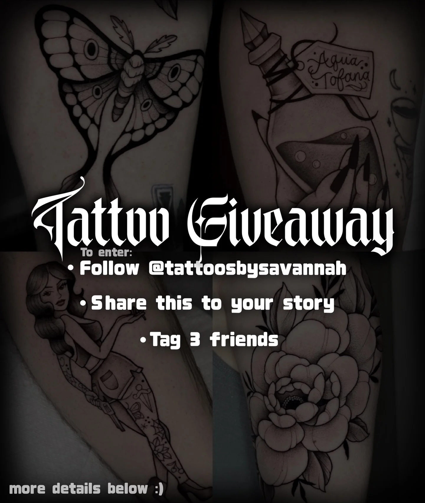 ⭐️⭐️TATTOO GIVEAWAY!! ⭐️⭐️
I&rsquo;m giving away a 3 hour tattoo valued at $600 as a thank you to my amazing clients and followers🤍 
To enter:
&bull;follow @tattoosbysavannah
&bull;share this to your story
&bull;tag three friends
This equals ONE ent