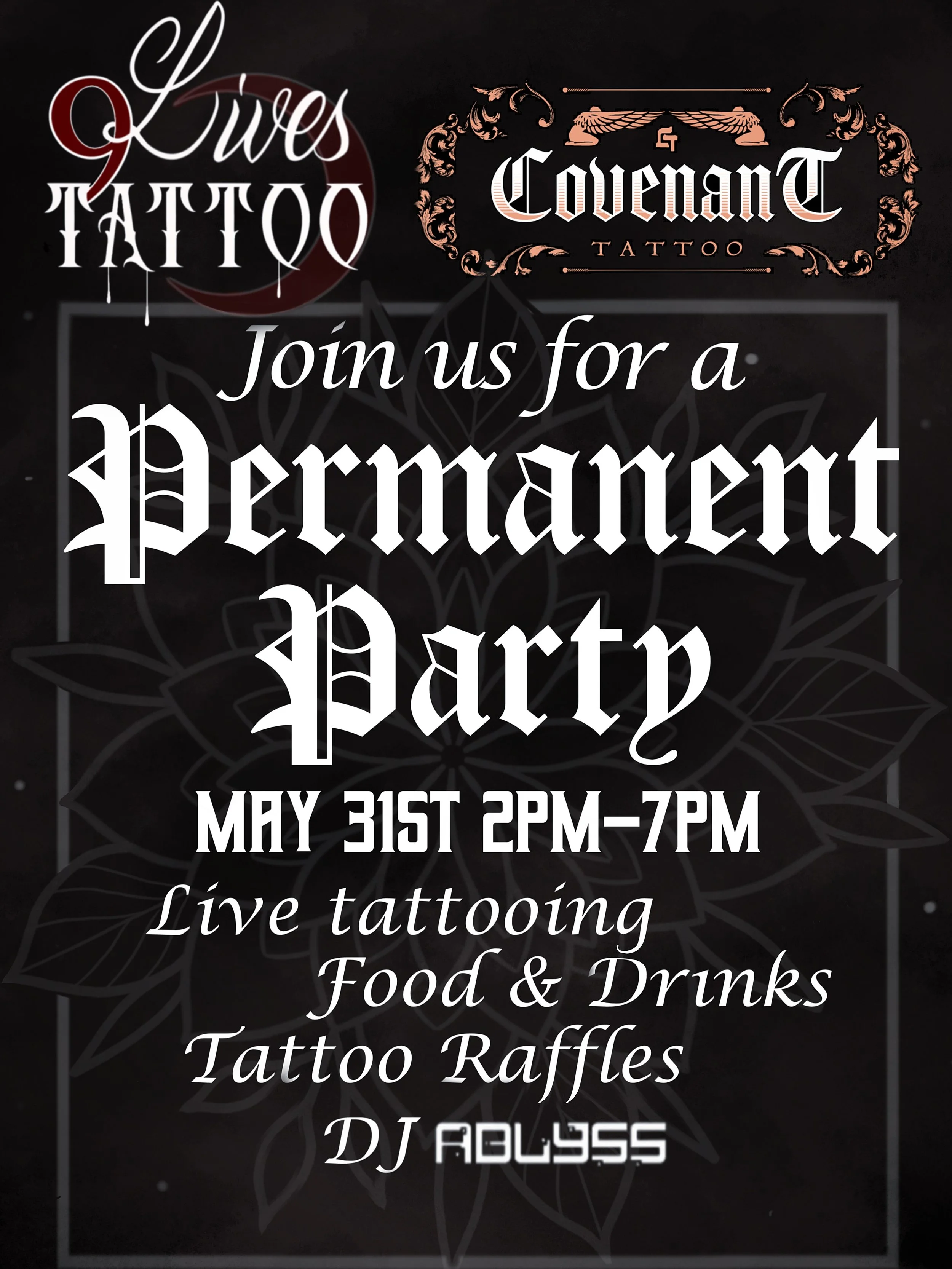 We&rsquo;re hosting a Permanent Party at the shop and you&rsquo;re officially invited!
Whether you&rsquo;re looking for fresh ink or just here for the vibes, we&rsquo;ve got you covered.
THE RUN DOWN:
&bull; 📅 When: [May 31st]
&bull; ⏰ Time: 2 PM &n