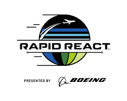 Logo for Rapid React, presented by Boeing, featuring a stylized rocket and globe.
