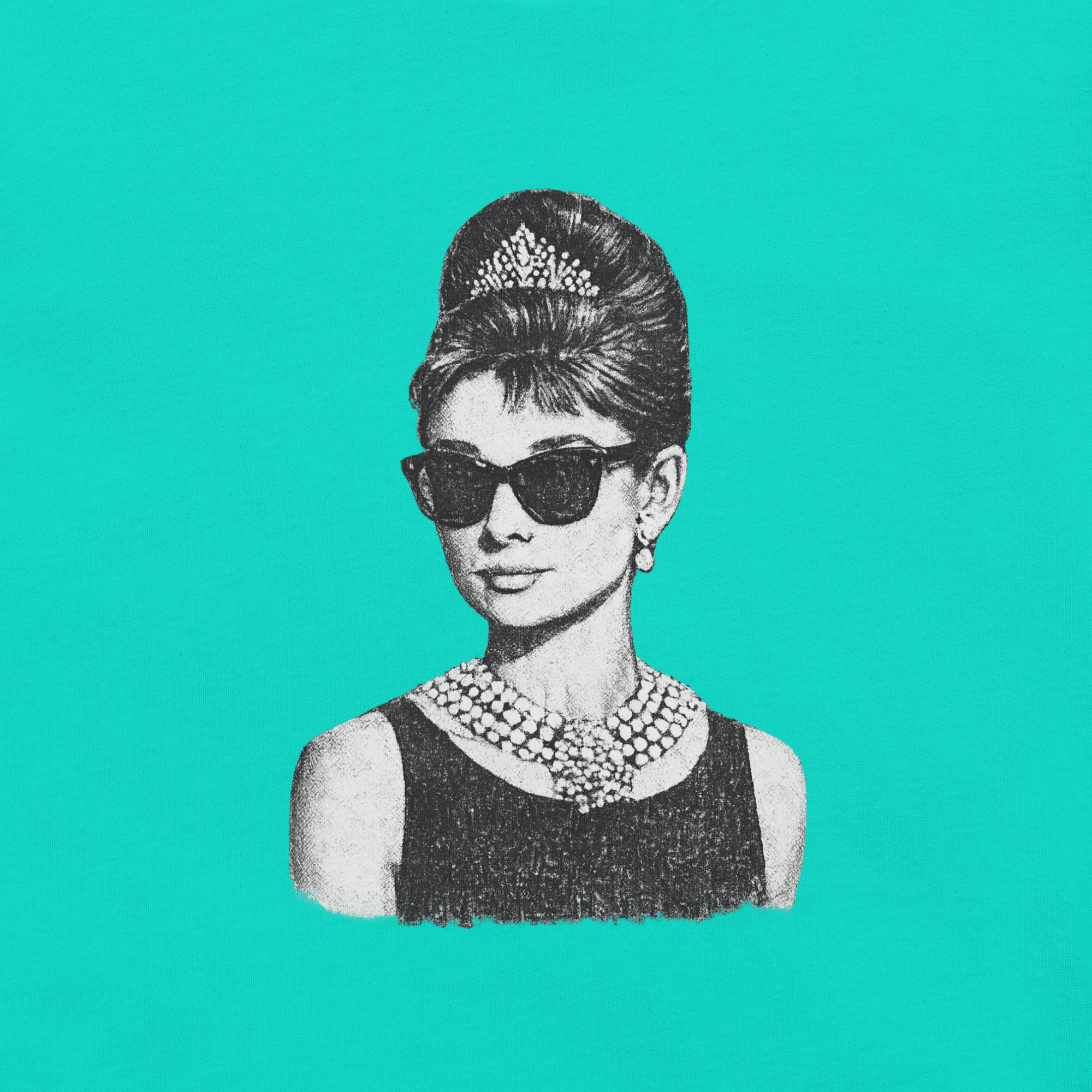 unisex-staple-t-shirt-teal-front-69dac45ccae49.png, Holly Golightly, Go-lightly, breakfast at tiffany's,  little black dress, socialite,  cult specs, T-shirt, close up