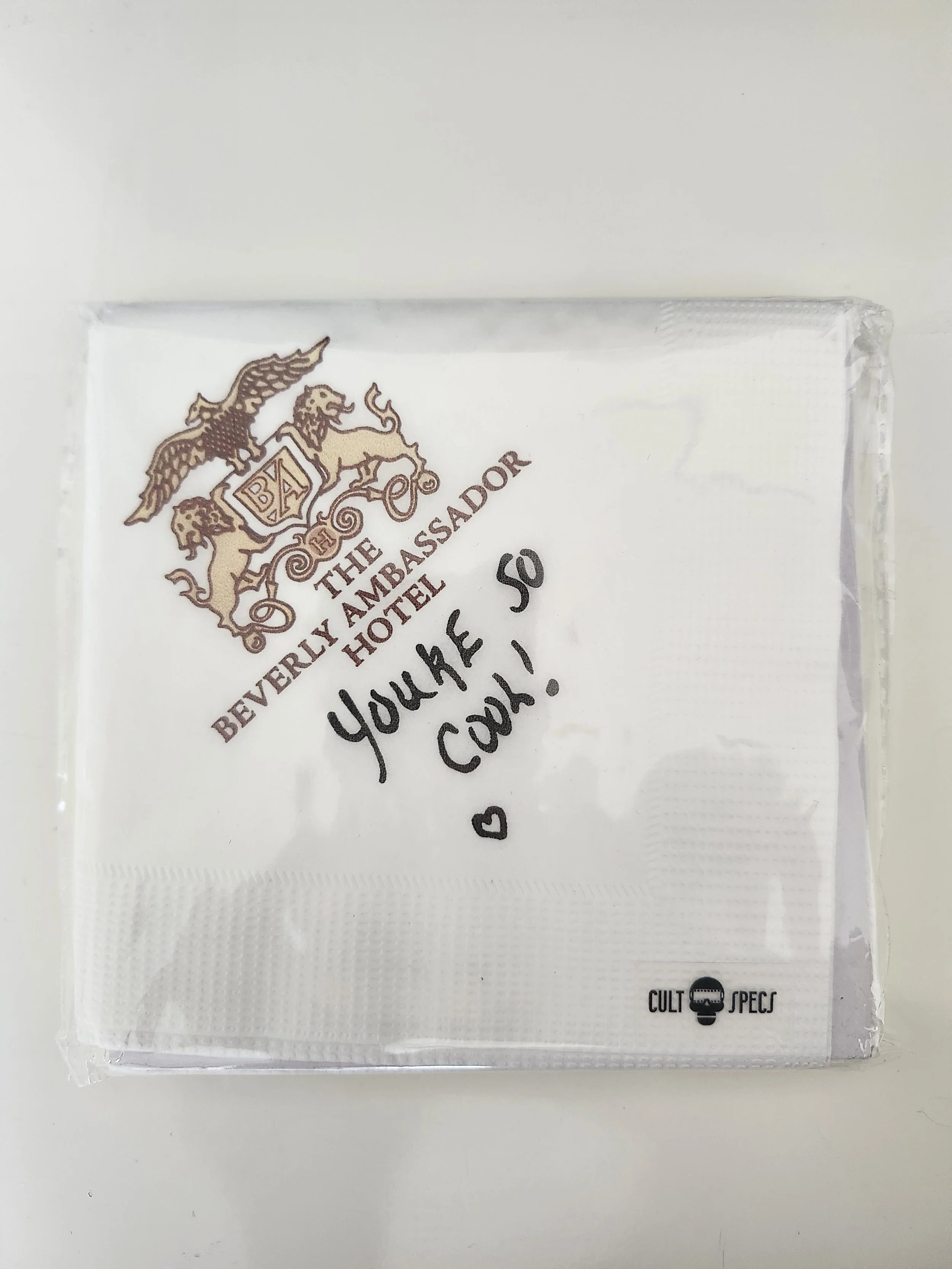 Hotel Napkins Packaged.jpg, You're so cool, True Romance,  Clarence & Alabama, Beverly Ambassador Hotel, Napkin, Cocktail Napkins