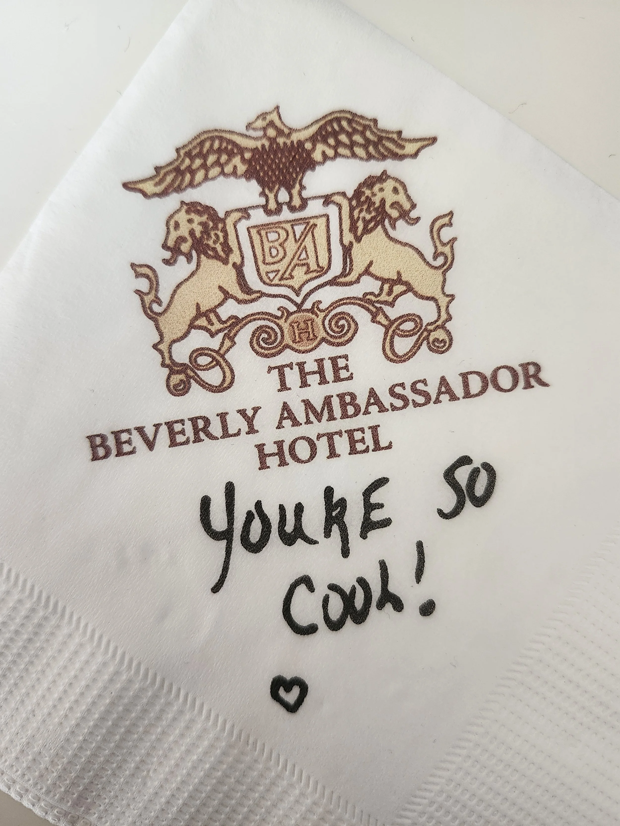 Hotel Napkin Close UP.jpg, You're so cool, True Romance,  Clarence & Alabama, Beverly Ambassador Hotel, Napkin, Cocktail Napkins