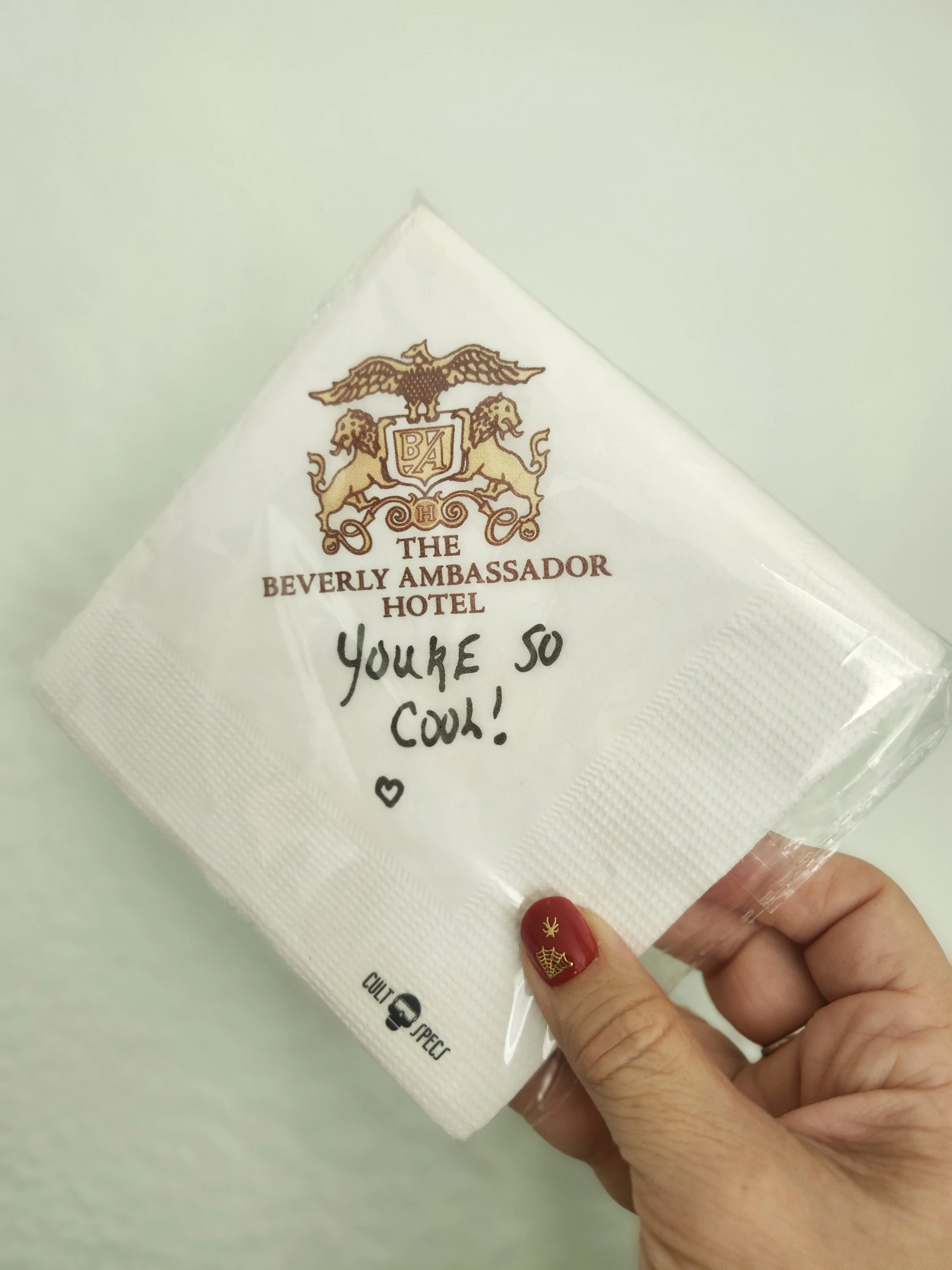Hotel Napkin Packaged Holding.jpg, You're so cool, True Romance,  Clarence & Alabama, Beverly Ambassador Hotel, Napkin, Cocktail Napkins