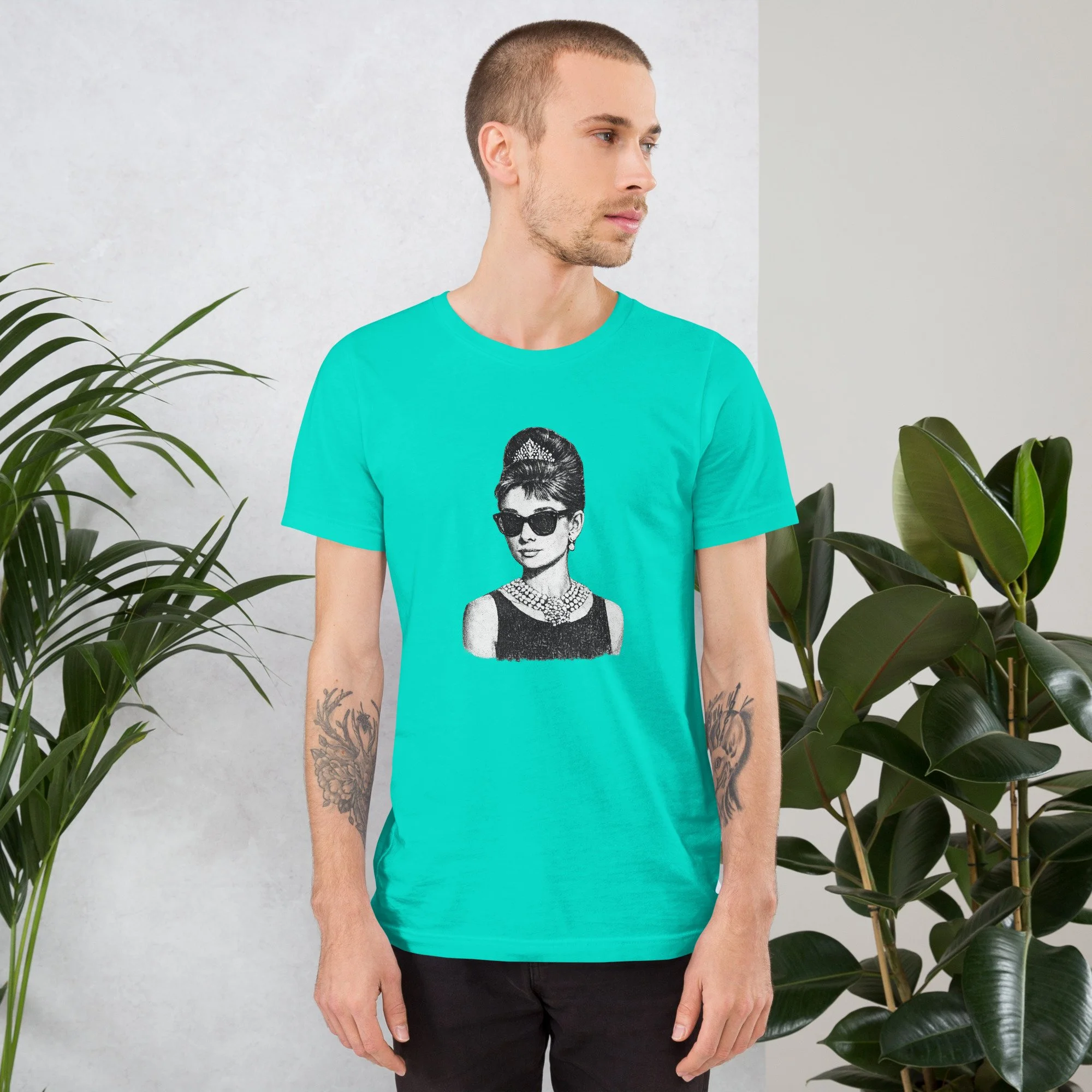 unisex-staple-t-shirt-teal-front-69f41bcd07d14.jpg, g, Holly Golightly, Go-lightly, breakfast at tiffany's,  little black dress, socialite,  cult specs, T-shirt