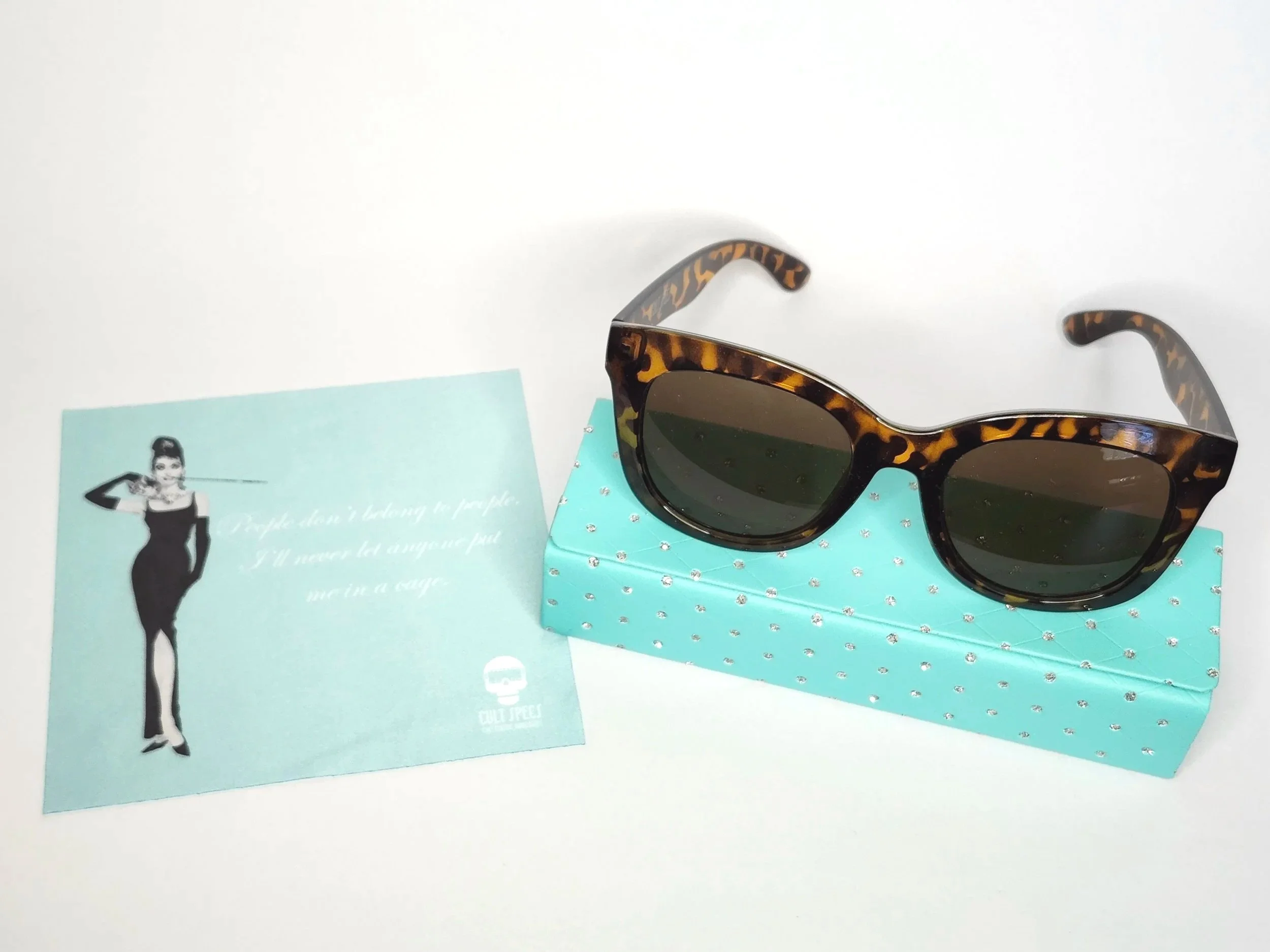 Holly Golightly, Tortoise Shell, oversized sunglasses, cat eye, breakfast at tiffany's, little black dress, socialite, sunglasses case, cult specs, cleaning cloth