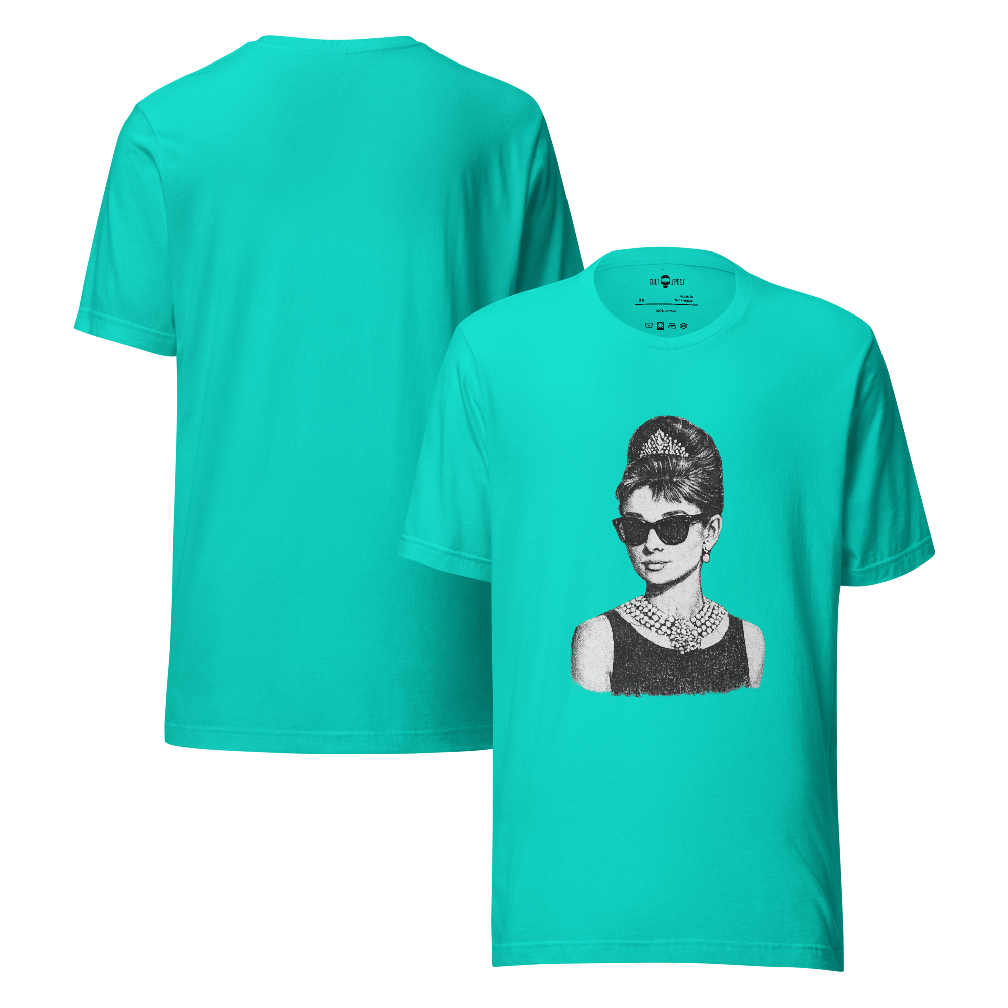 unisex-staple-t-shirt-teal-front-and-back-69dac45ccb389.png, Holly Golightly, Go-lightly, breakfast at tiffany's,  little black dress, socialite,  cult specs, T-shirt