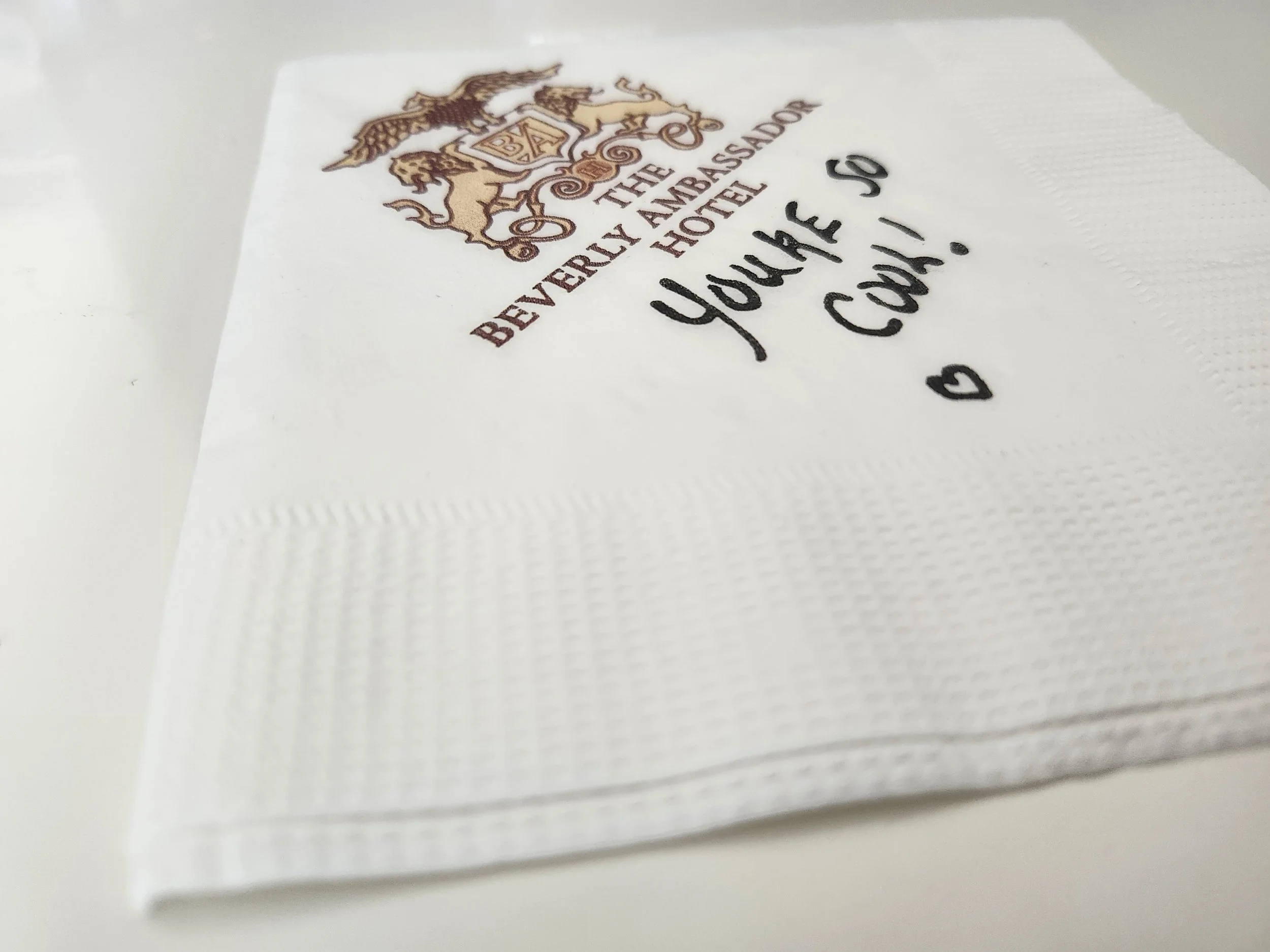 Hotel Napkin Edge Close Up.jpg, You're so cool, True Romance,  Clarence & Alabama, Beverly Ambassador Hotel, Napkin, Cocktail Napkins