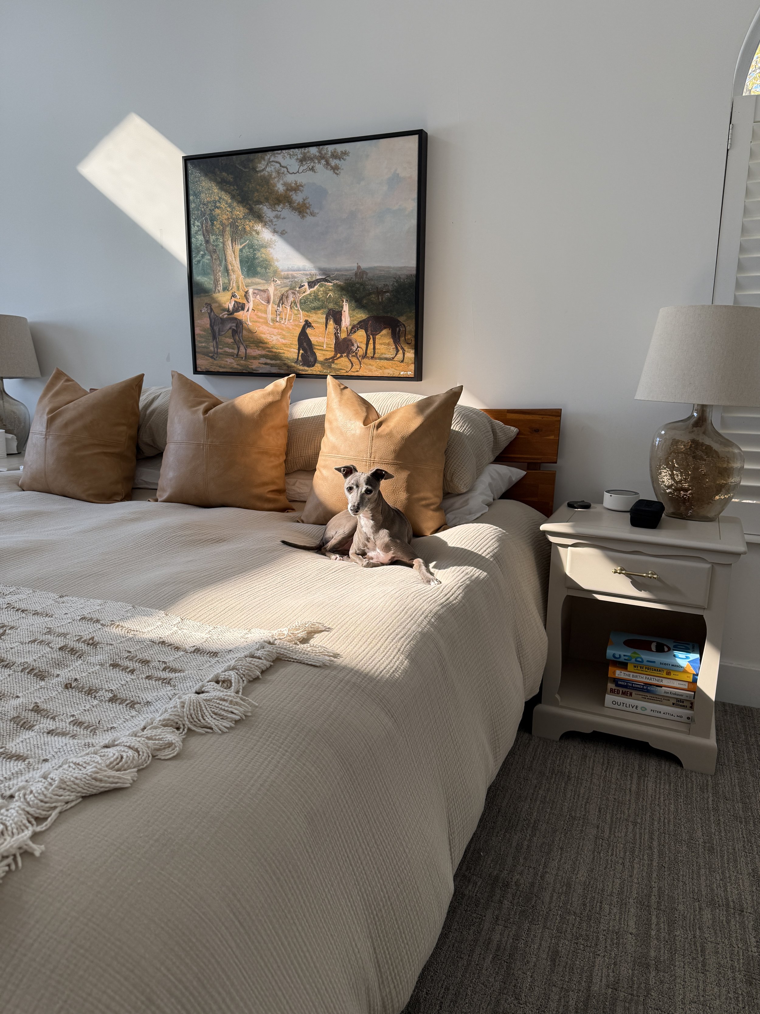 View of a bedroom corner featuring a bed with beige and tan pillows, a small white nightstand with books, a large decorative glass lamp, and a dog sitting on the bed. A framed landscape painting of dogs under trees hangs on the wall, with sunlight filtering through window blinds.