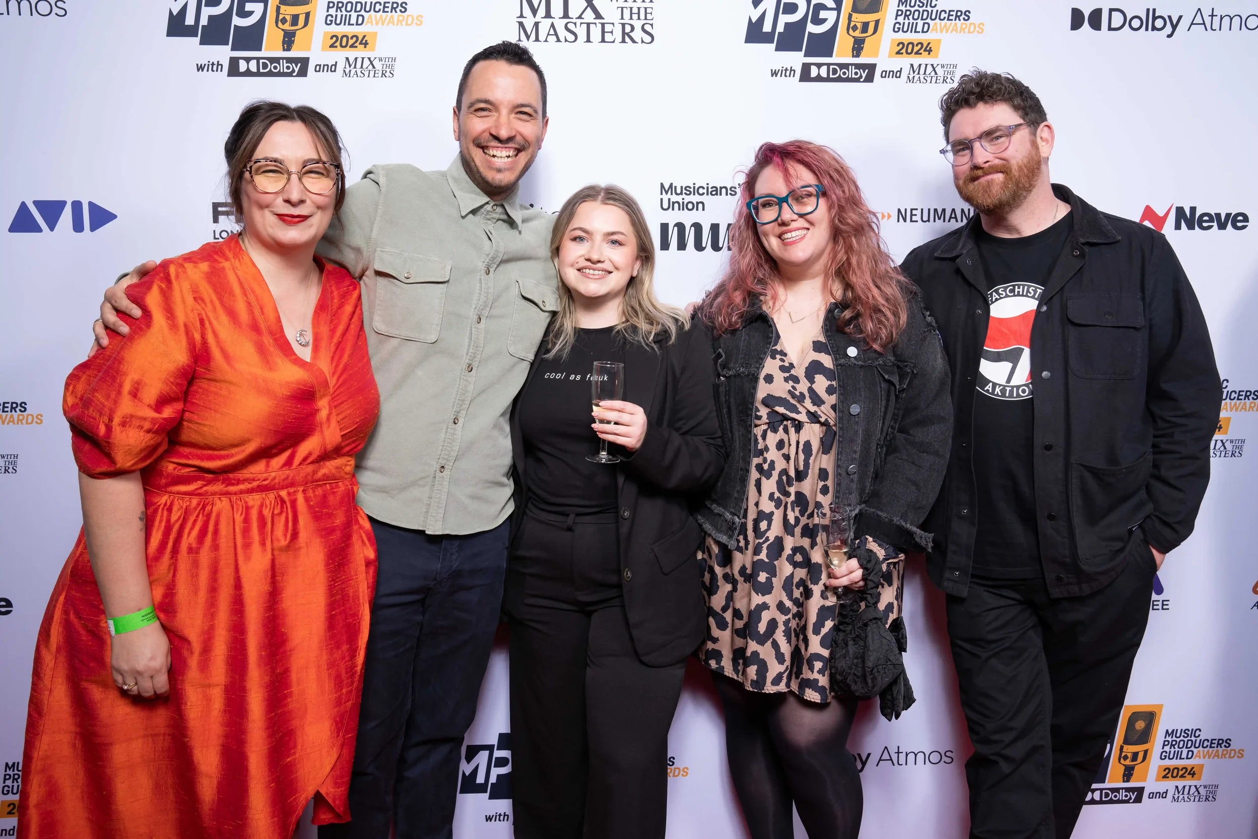 Weird Jungle Mastering Collective group shot at the MPG awards 2024 with Carla Harding, Brendon Harding, Izzy McPhee, Katie Tavini and Stephen Kerrison
