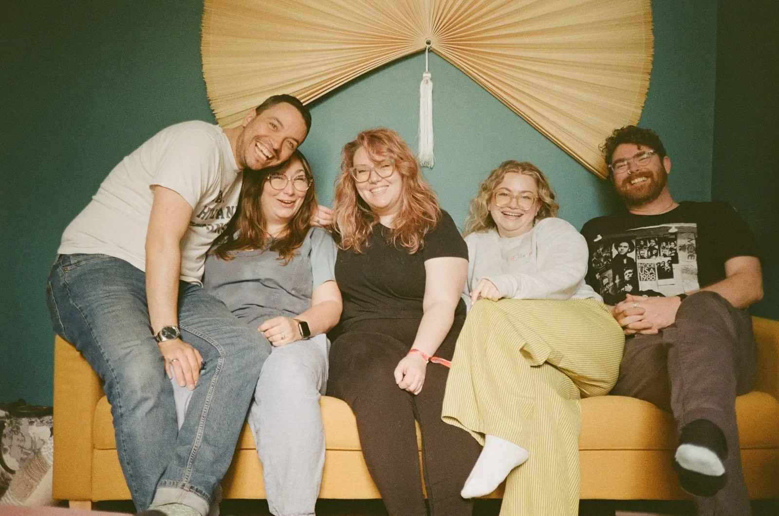 Weird Jungle Mastering Collective group shot on the sofa with Brendon Harding, Carla Harding, Katie Tavini, Izzy McPhee and Stephen Kerrison