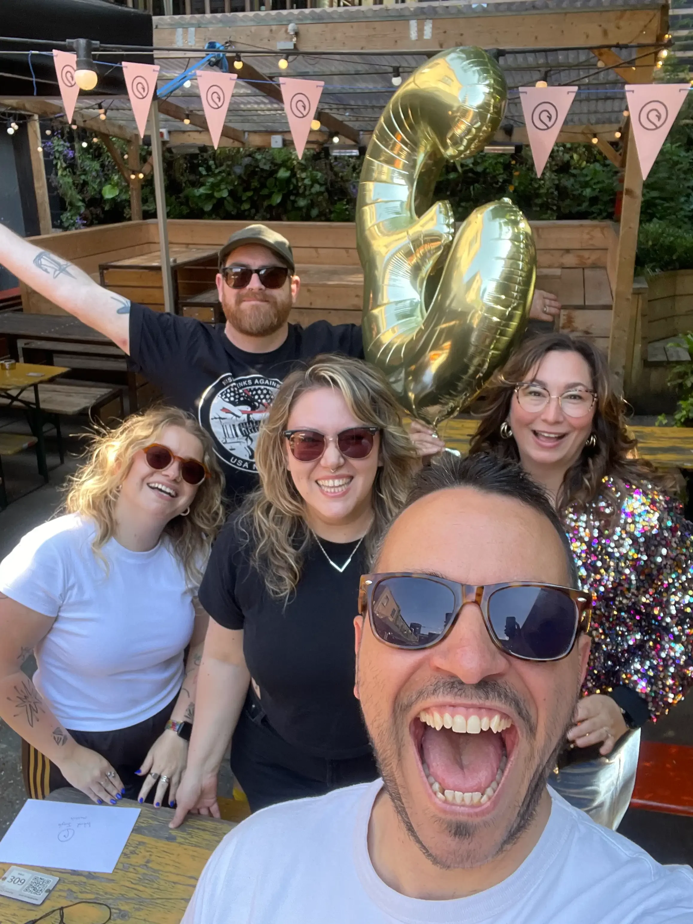 Weird Jungle Mastering Collective group shot at their third birthday party with Brendon Harding, Carla Harding, Katie Tavini, Izzy McPhee and Stephen Kerrison