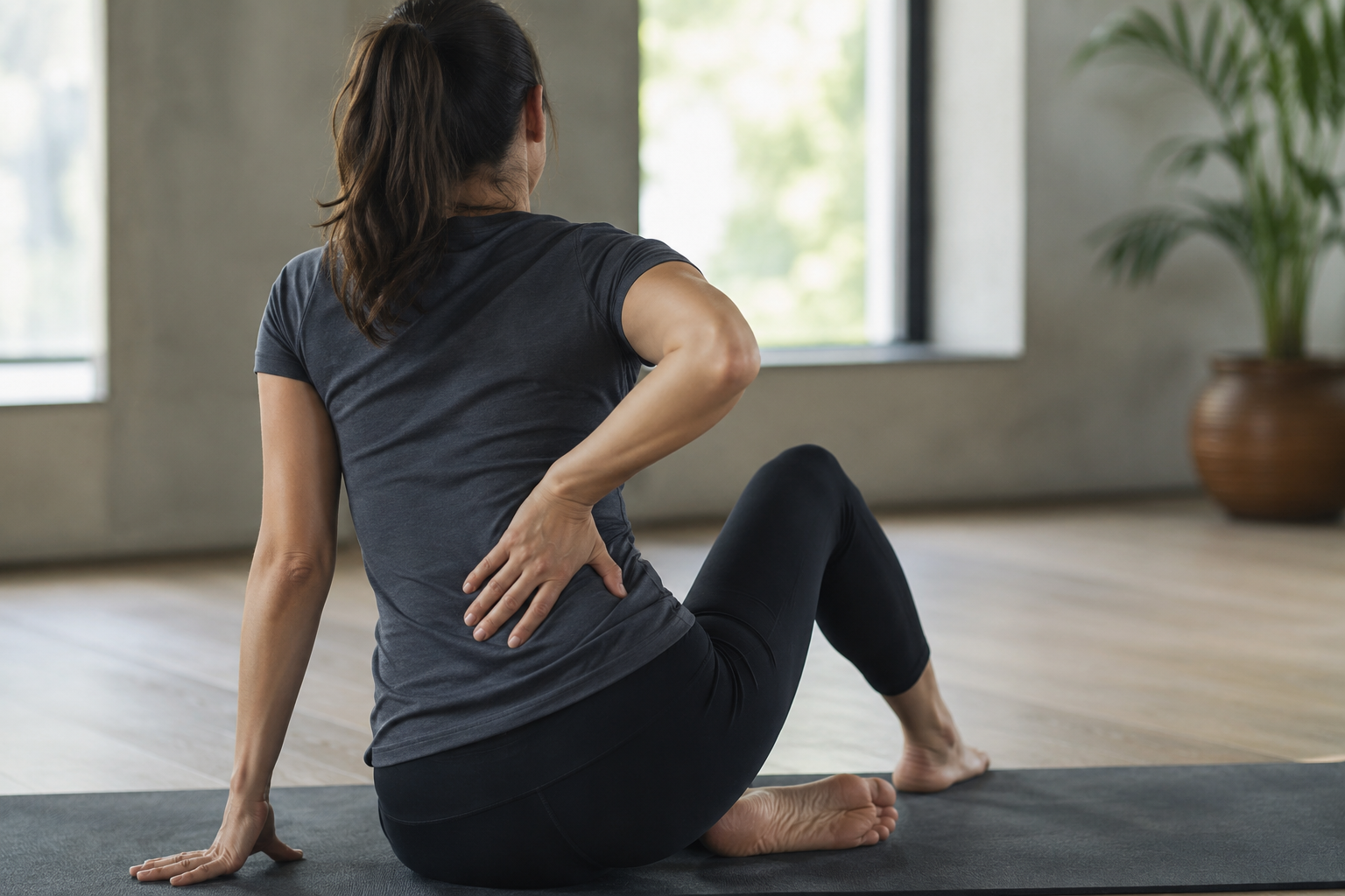 Woman stretching on yoga mat with lower back pain in a modern wellness studio.