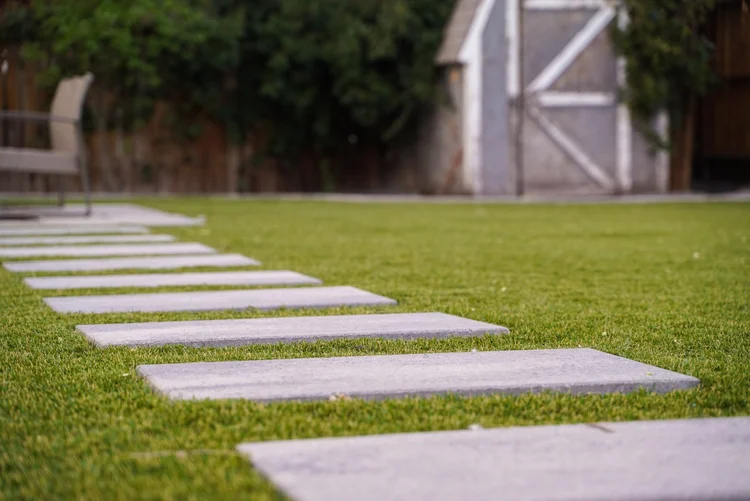 Backyard turf with a paver path to a garden shed